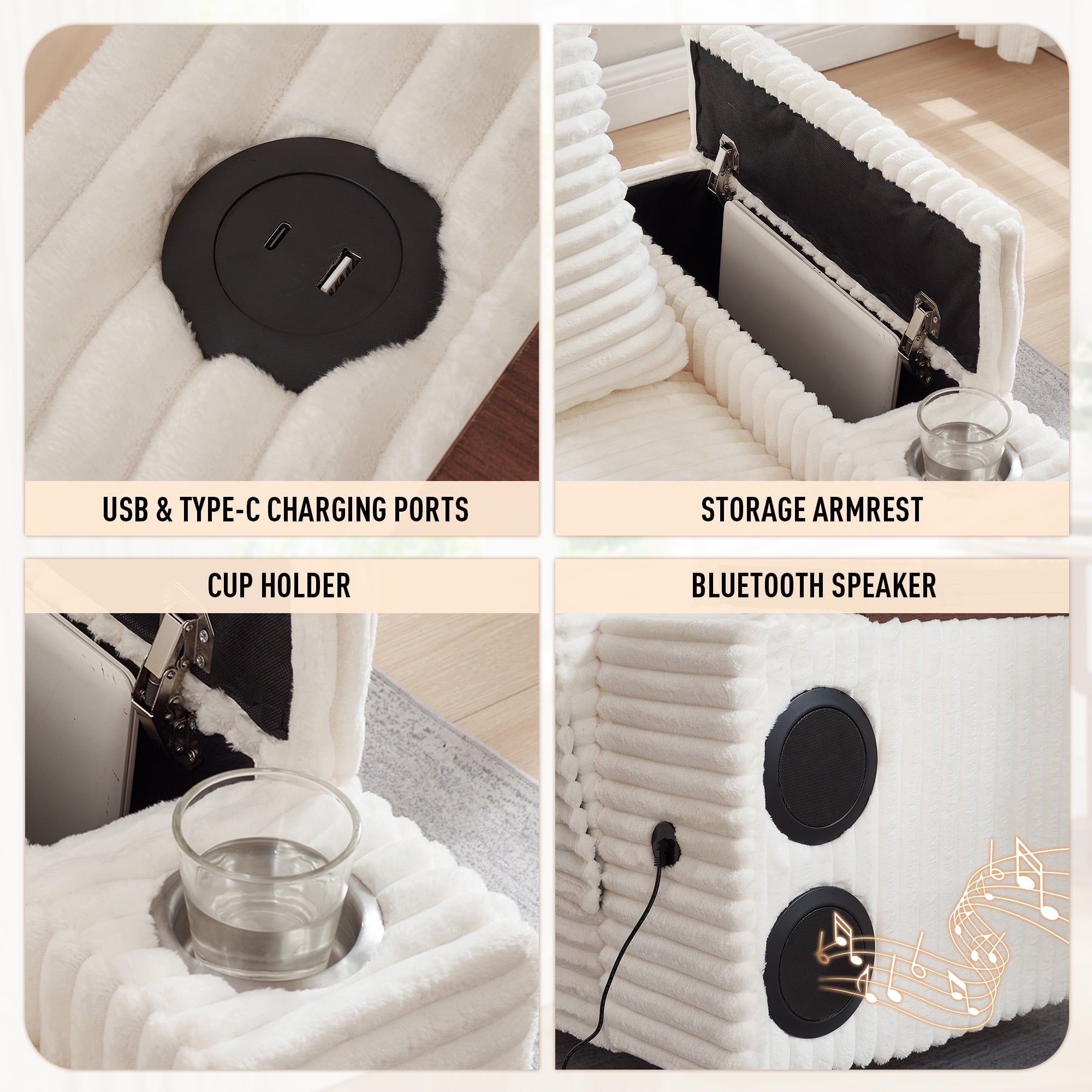 Muumblus Oversized Living Room Chair with Bluetooth Speaker, Ottoman, Rotating Table Board & USB, Cozy Indoor Lounge Reading Armchair, White Corduroy