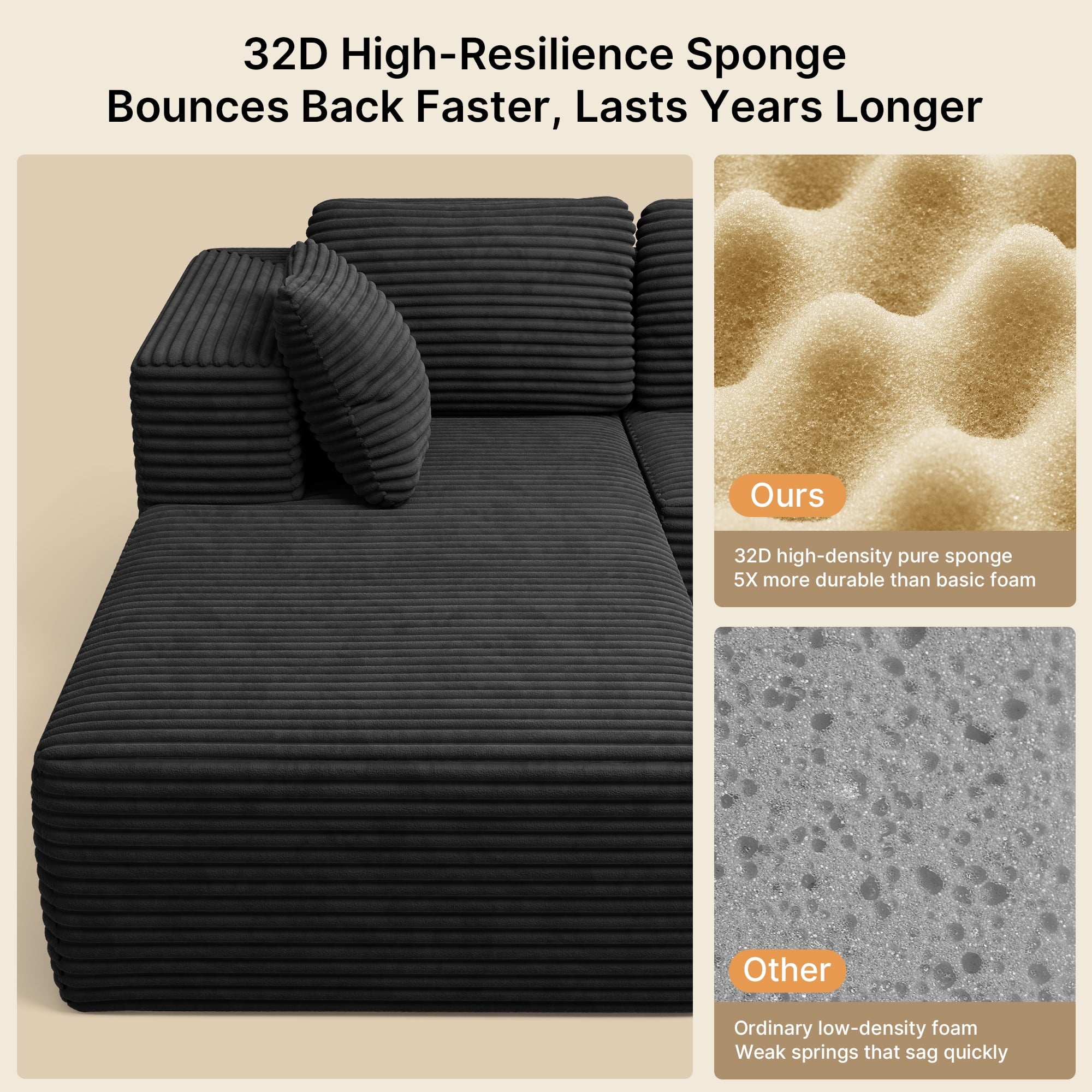 Lofka 105" Cloud L-Shaped Sectional Sofa and Couch with Movable Ottoman and Soft Seats for Living Room, No Assembly Required, Black (Plush Corduroy Fabric)