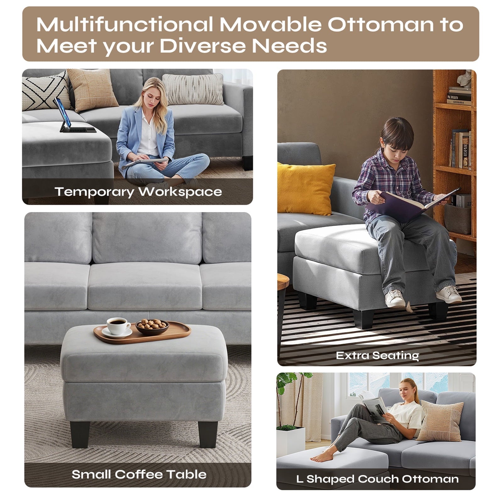 Pinmoco L-Shaped Sectional Sofa Couch for Living Room, 3 Seat Velvet Convertible Sofa with Movable Storage Ottoman and Side Pockets, Gray