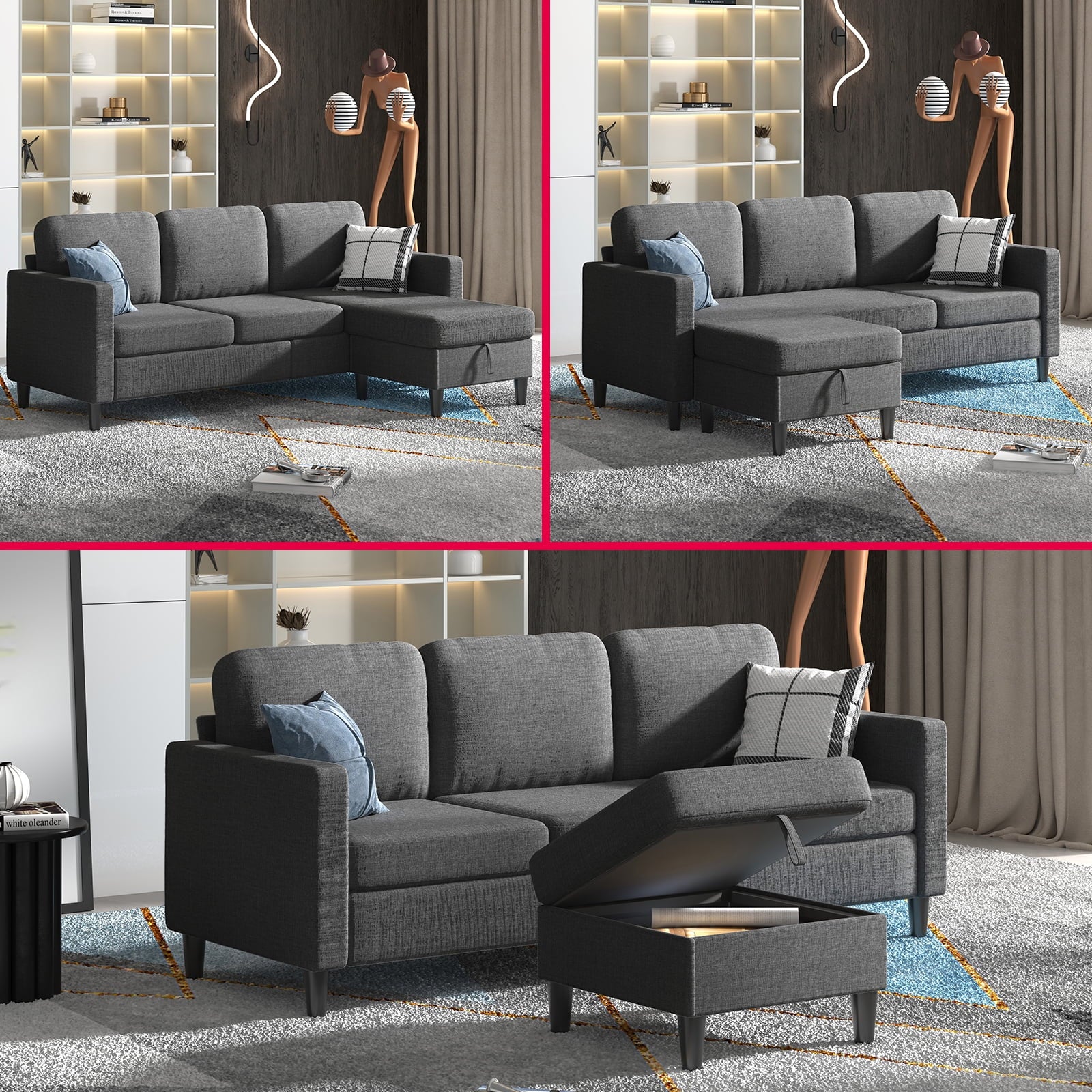 MUZZ 76" Small Space Sectional Sofa with Storage – L-Shaped with Storage Ottoman & Movable Modules, Dark Grey Linen Living Room Couch