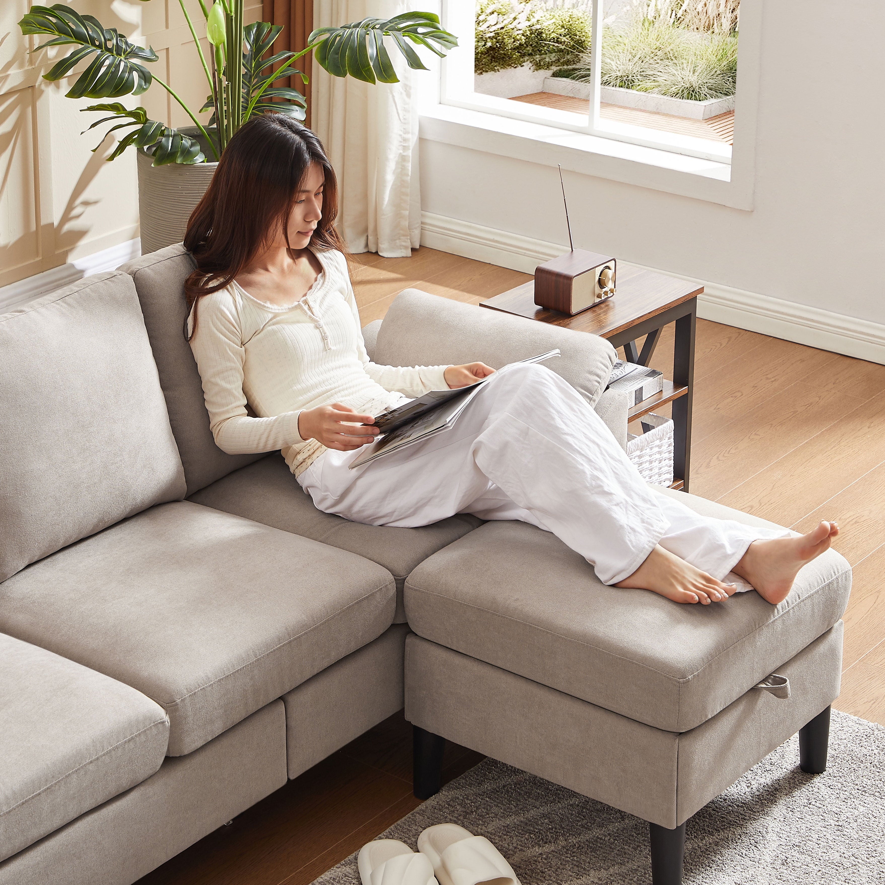 Jarenie 80" Convertible Sectional Sofa, Small L Shaped 3 Seat Couch with Reversible Storage Chaise, Modern Polyester Fabric Sofa Couches for Living Room, Apartment and Small Space, Beige