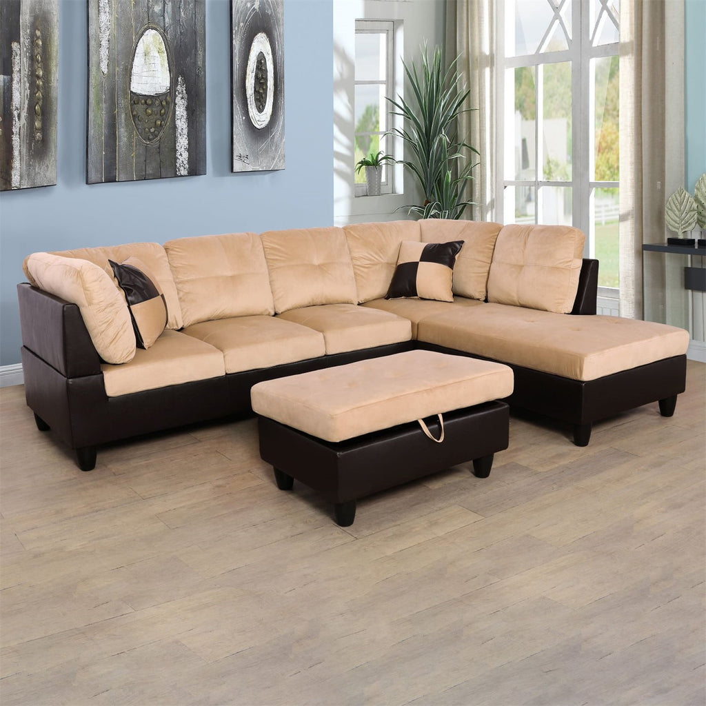 Hommoo Lint &PVC Sectional Sofa Couch 4-Seat Living Room Furniture Sets, Modern L Shaped Sectional Sofa Set, Beige and Brown(No Ottoman)