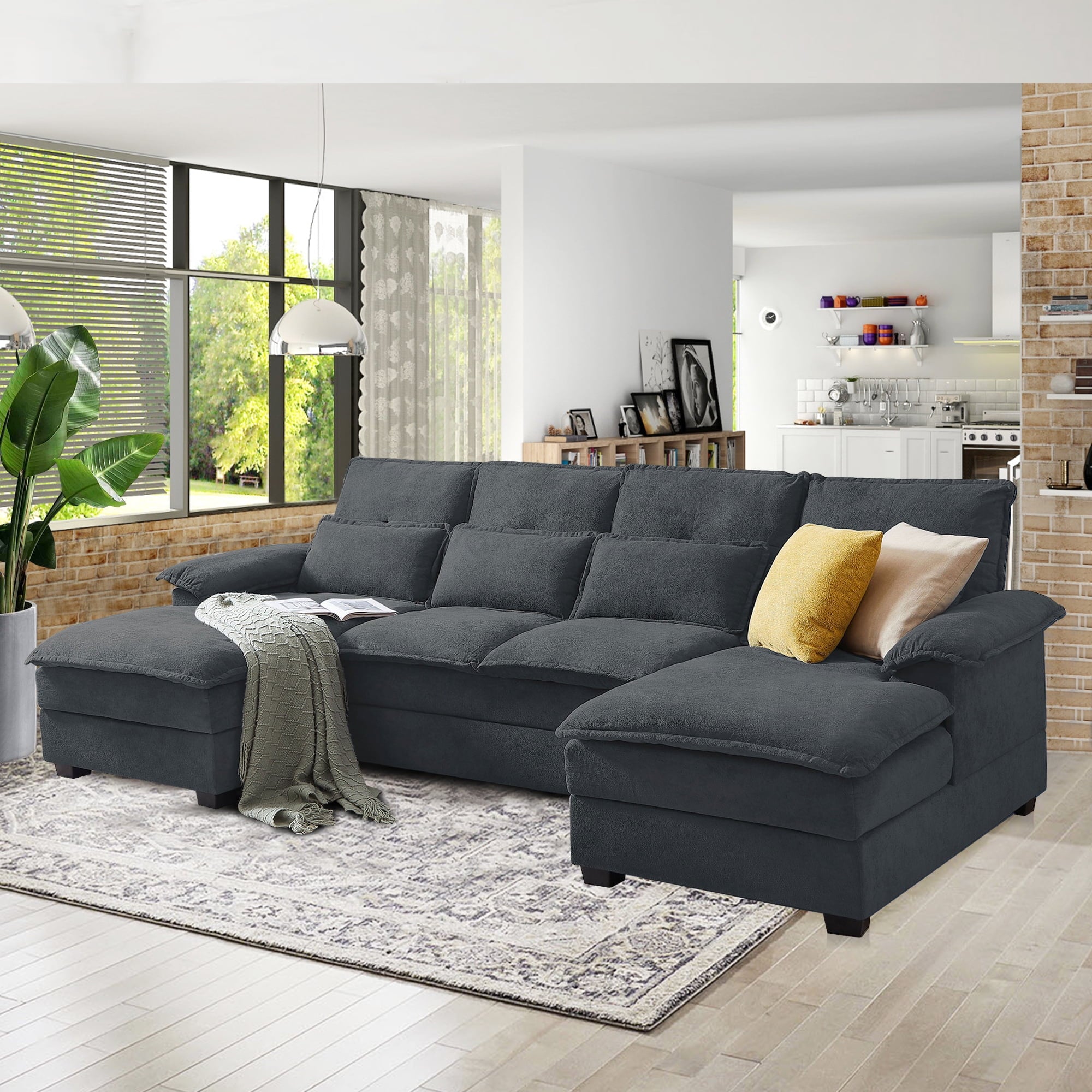 Pingliang Home 109.8" Oversized U Shaped Couch,4 Seat Sectional Sofa with 4 Lumbar Pillow,Upholstered Symmetrical Cloud Couch with Double Chaise,Wrap Around Sofa for Living Room Apartment Office,Gray
