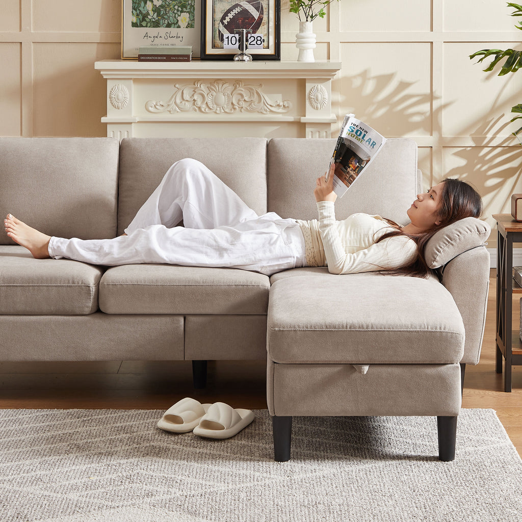 Jarenie 80" Convertible Sectional Sofa, Small L Shaped 3 Seat Couch with Reversible Storage Chaise, Modern Polyester Fabric Sofa Couches for Living Room, Apartment and Small Space, Beige