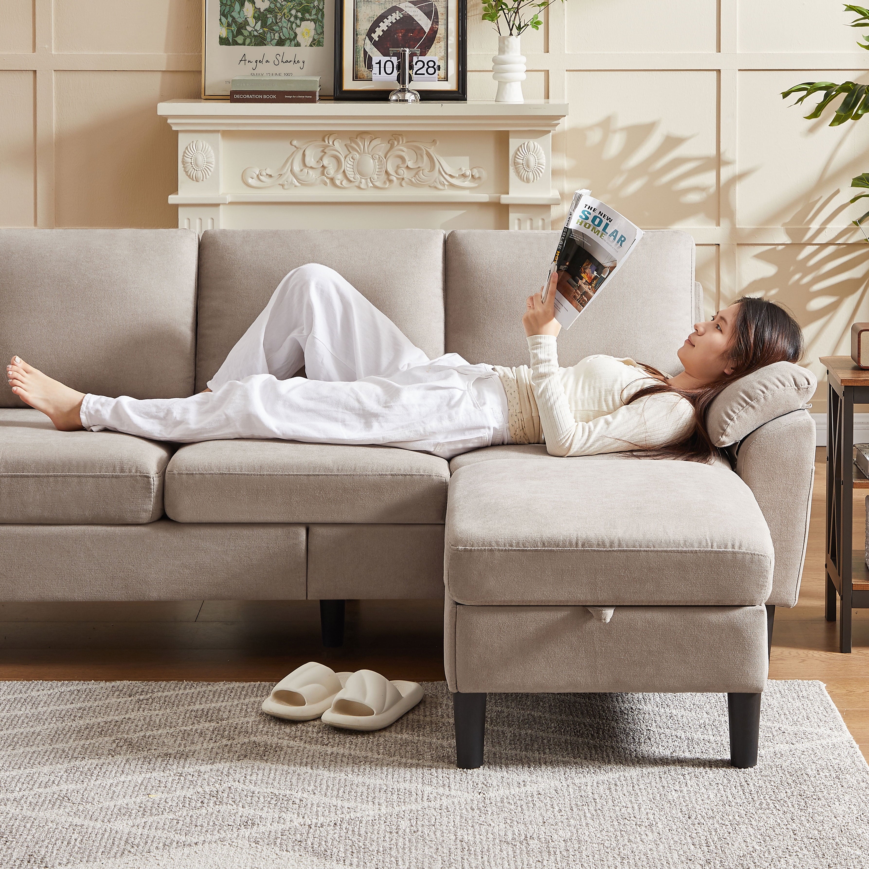 Jarenie 80" Convertible Sectional Sofa, Small L Shaped 3 Seat Couch with Reversible Storage Chaise, Modern Polyester Fabric Sofa Couches for Living Room, Apartment and Small Space, Beige