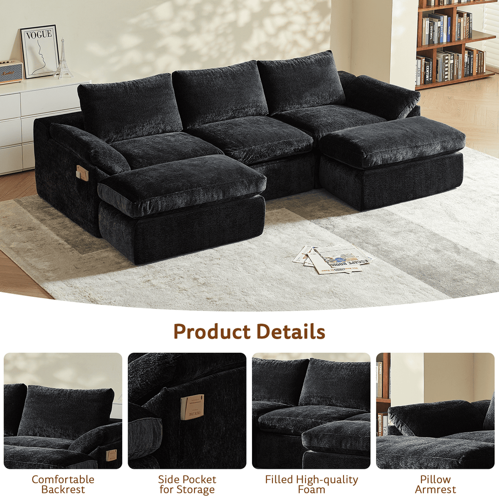 GEMBED 108" Modular Sectional Sofa U Shaped Cloud Couch with Deep Seat and Movable Ottoman Boneless Couches for Living Room, No Assembly Required, Black