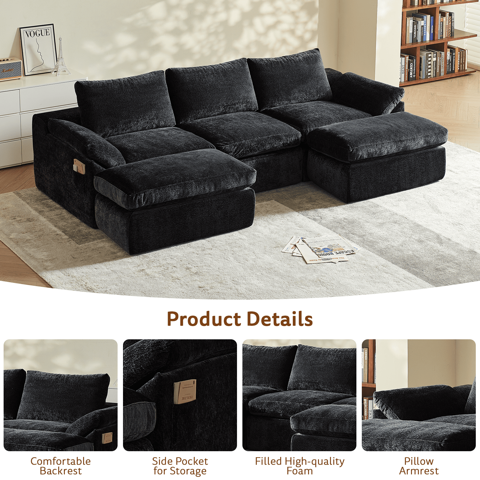 GEMBED 108" Modular Sectional Sofa U Shaped Cloud Couch with Deep Seat and Movable Ottoman Boneless Couches for Living Room, No Assembly Required, Black