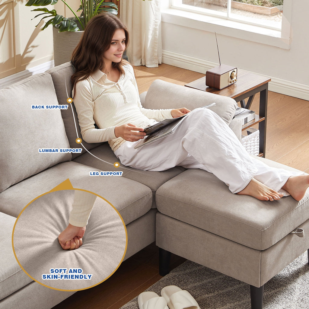 Jarenie 80" Convertible Sectional Sofa, Small L Shaped 3 Seat Couch with Reversible Storage Chaise, Modern Polyester Fabric Sofa Couches for Living Room, Apartment and Small Space, Beige