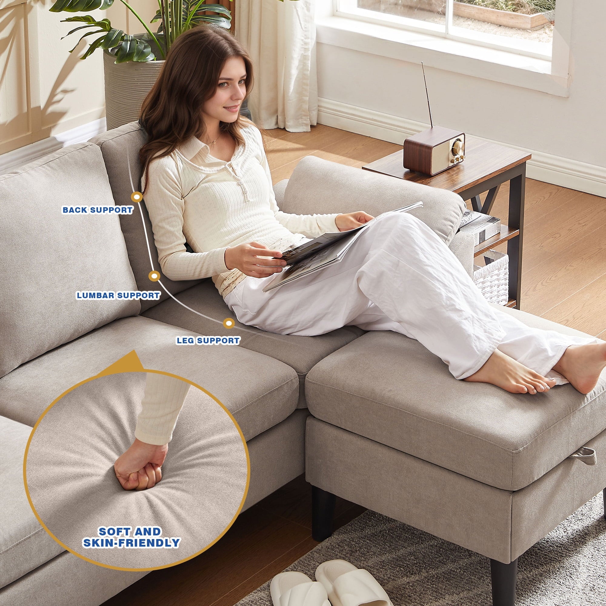 Jarenie 80" Convertible Sectional Sofa, Small L Shaped 3 Seat Couch with Reversible Storage Chaise, Modern Polyester Fabric Sofa Couches for Living Room, Apartment and Small Space, Beige