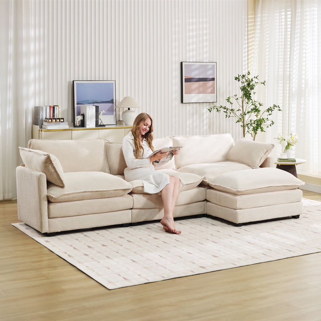 JUSTLET Sectional Sofa with Ottoman, L Shaped Corduroy Cloud Couch with Chaise, Modular Sectional Sofa Sleeper Furniture Set for Living Room, Beige
