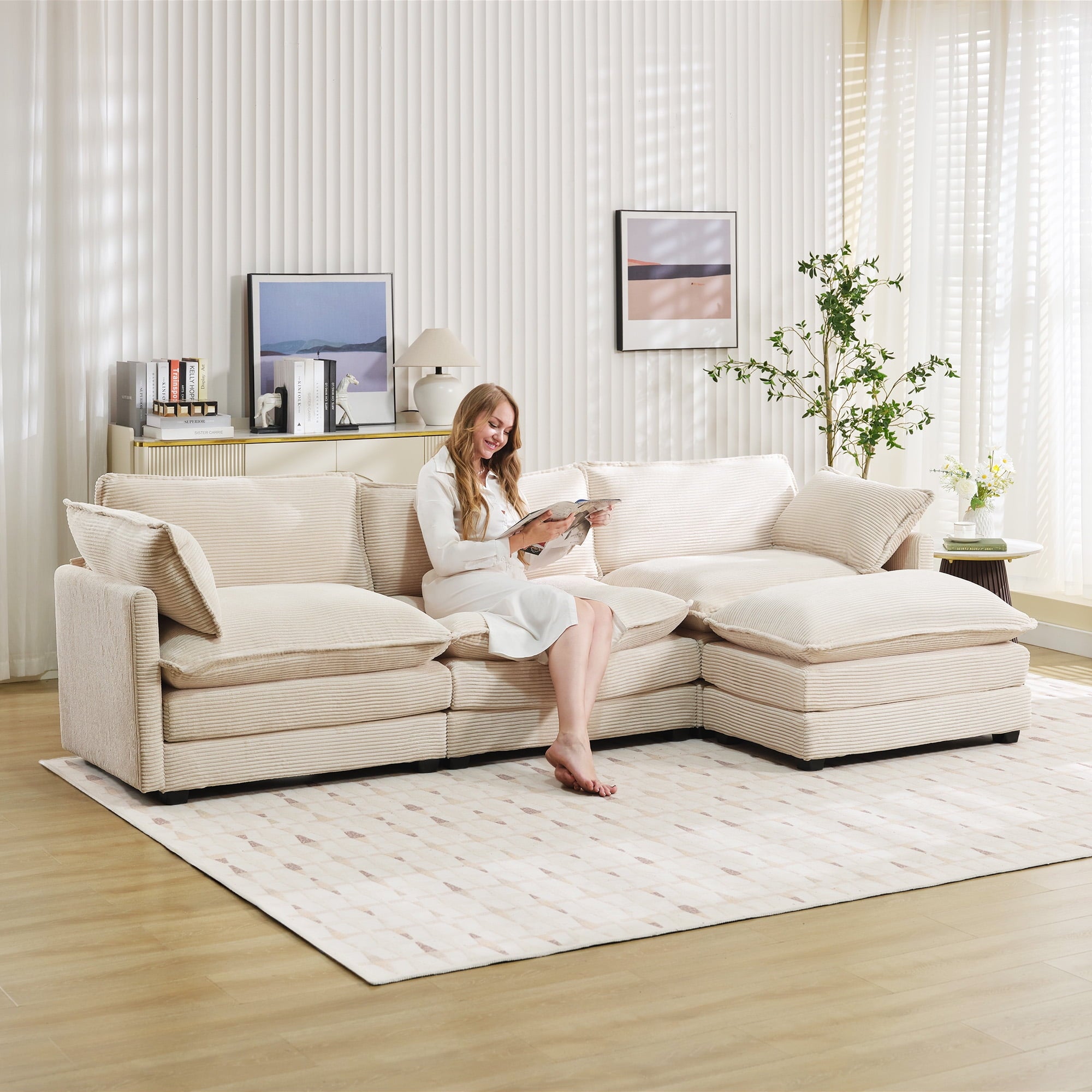 JUSTLET Sectional Sofa with Ottoman, L Shaped Corduroy Cloud Couch with Chaise, Modular Sectional Sofa Sleeper Furniture Set for Living Room, Beige
