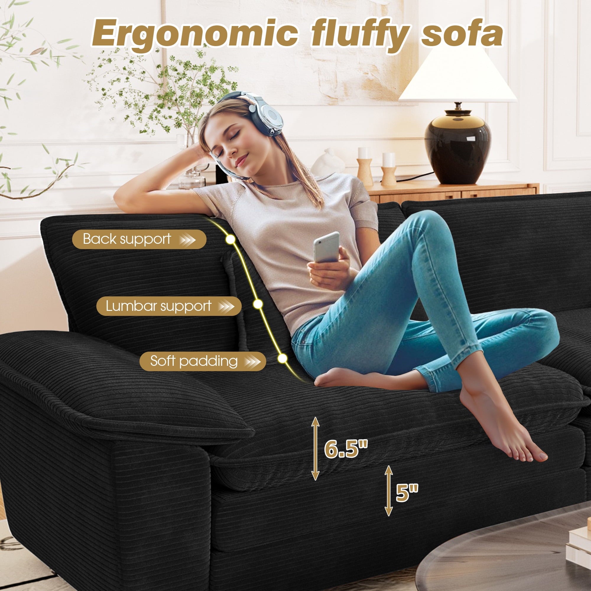 Muumblus 80.5" Corduroy Loveseat Sofa, Oversized Upholstered 2-Seater Plush Cloud Couch for Living Room/Apt, Black