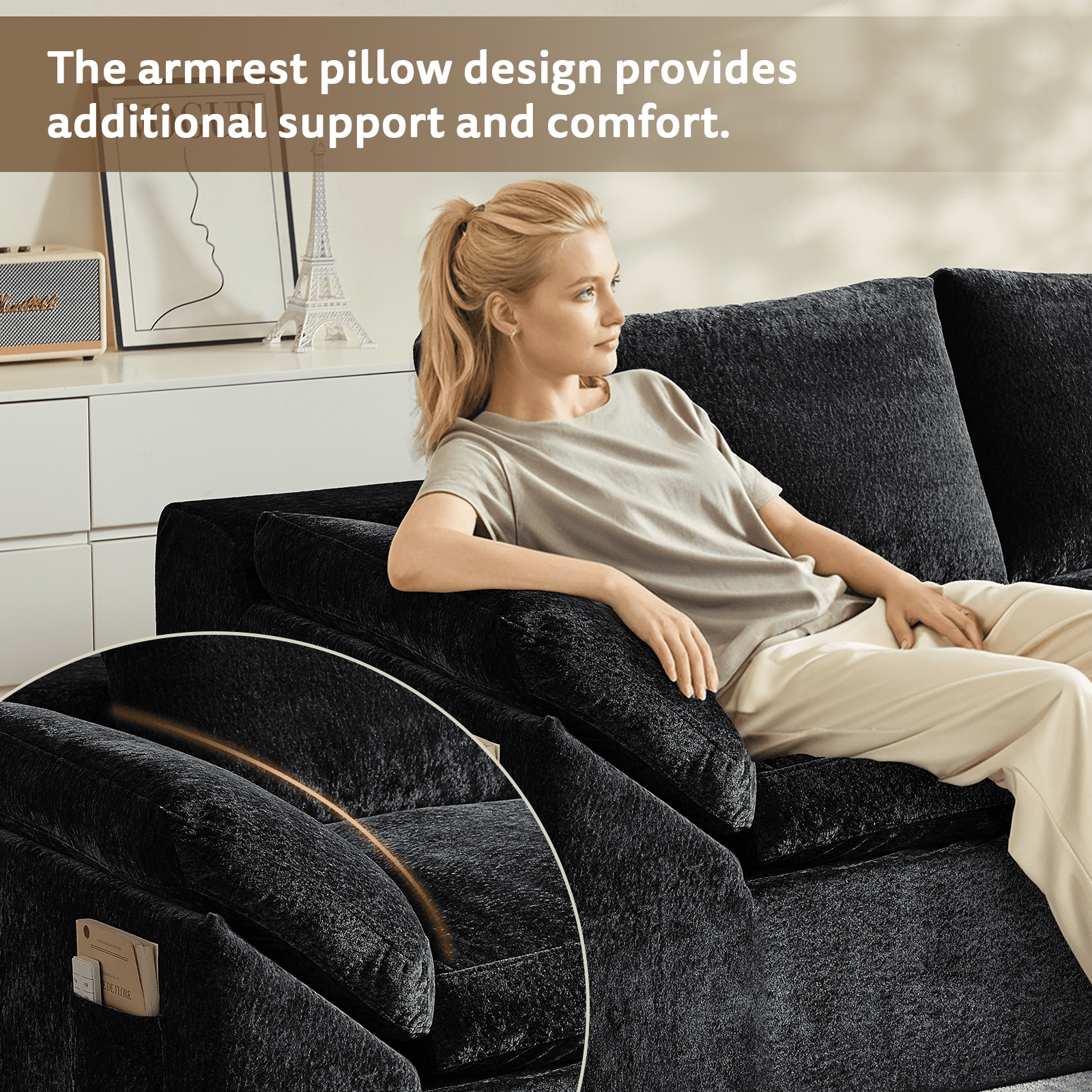 GEMBED 108" Modular Sectional Sofa U Shaped Cloud Couch with Deep Seat and Movable Ottoman Boneless Couches for Living Room, No Assembly Required, Black