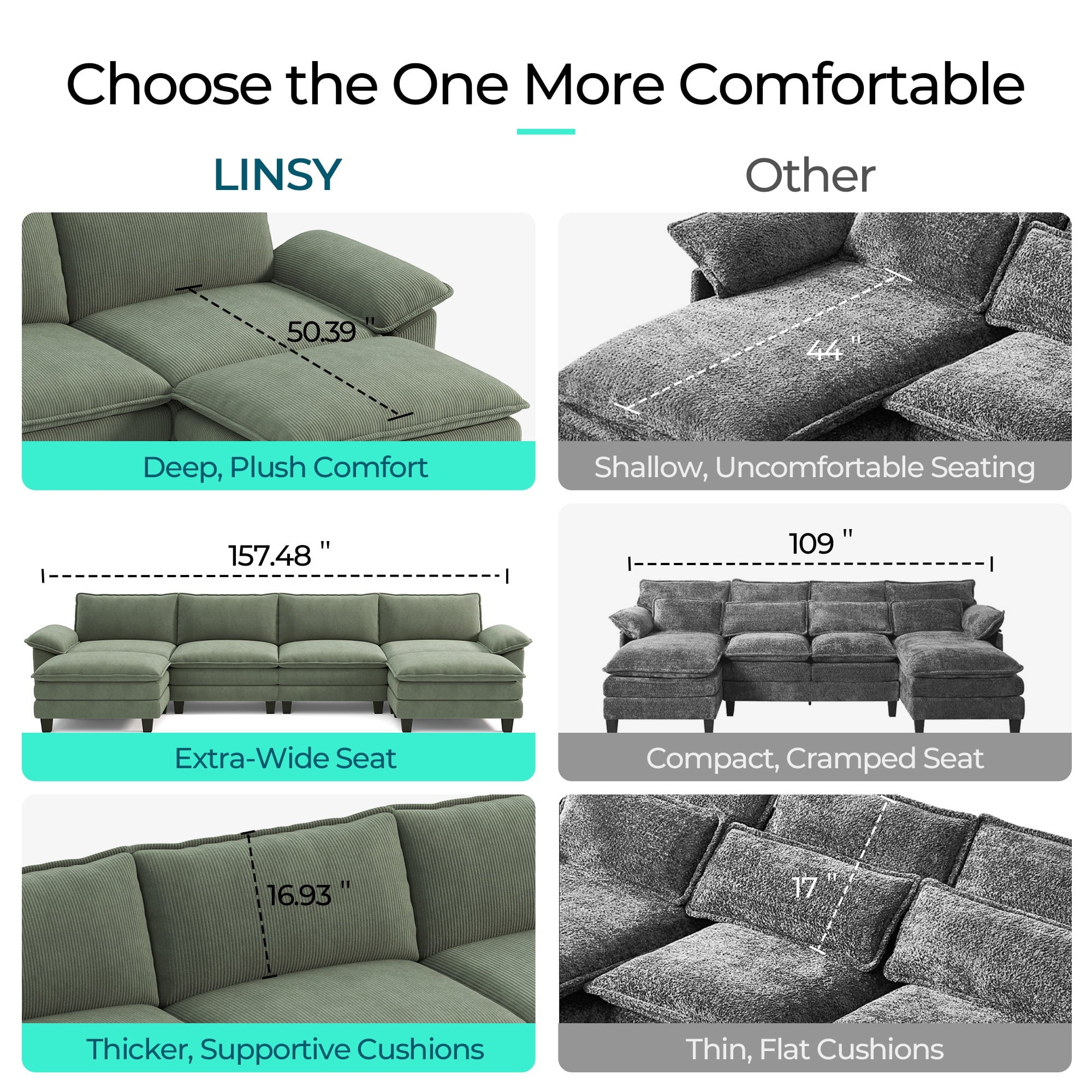 Linsy Home 123" Cloud Modular Sectional Sofa for Living Room, L-Shaped Cloud Sofa Couch with Corduroy Fabric, 3 Seat Oversized Couch with Movable Ottoman, Green