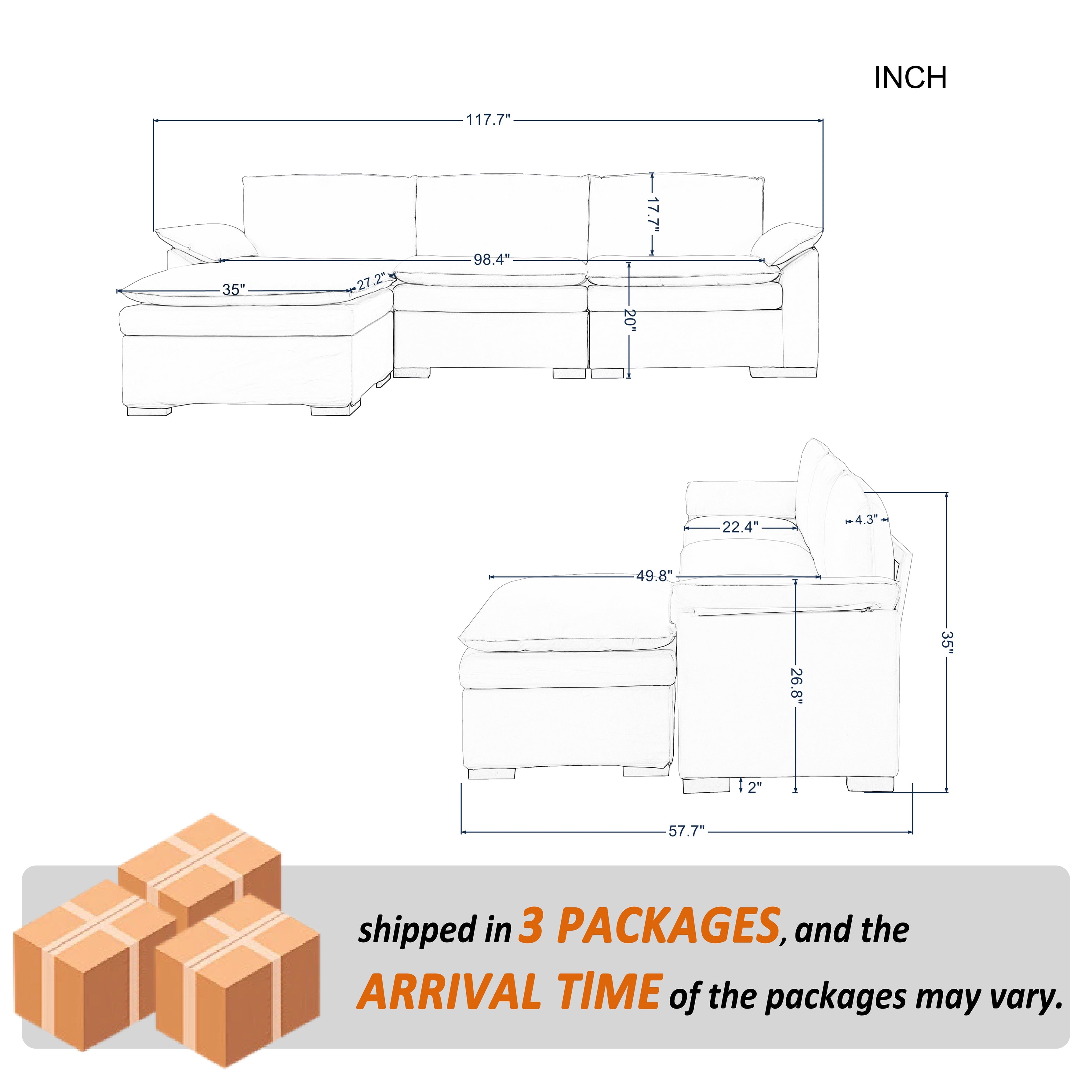 Gewnee 117.7" L - Shaped Velvet Modular Ultra Deep Seat Sectional Sofa, Super Comfy 3 -Seater with 1 Ottomans for Living Room