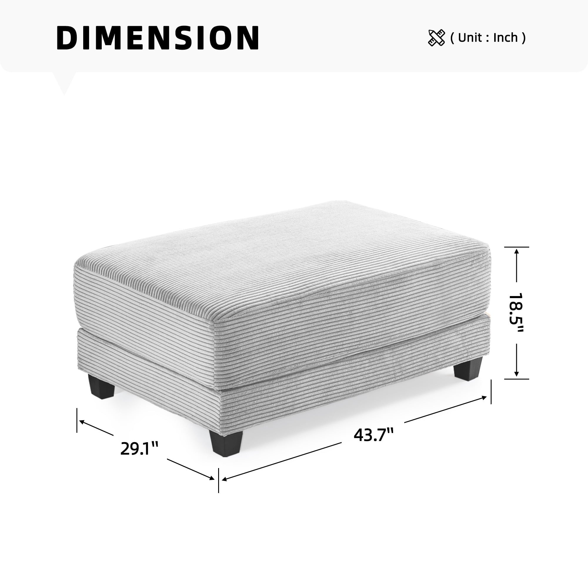 JUSTLET Corduroy Ottoman for Sectional Sofa, Gray