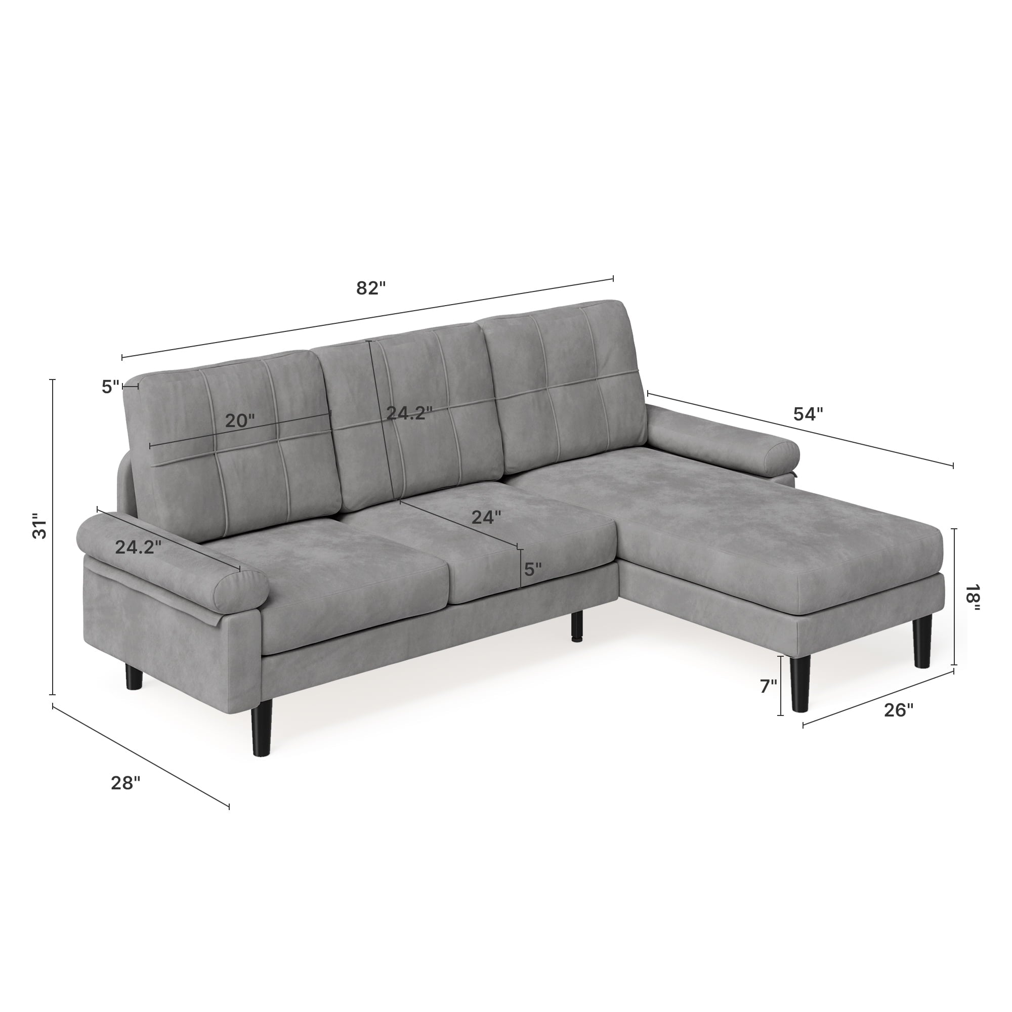 82"L-Shaped Couch, Lofka Sectional Sofa with 4" Thick Cushions, Soft Velvet 3 Seats Couches for Living Room, Apartment and Small Space, Dark Grey Couch