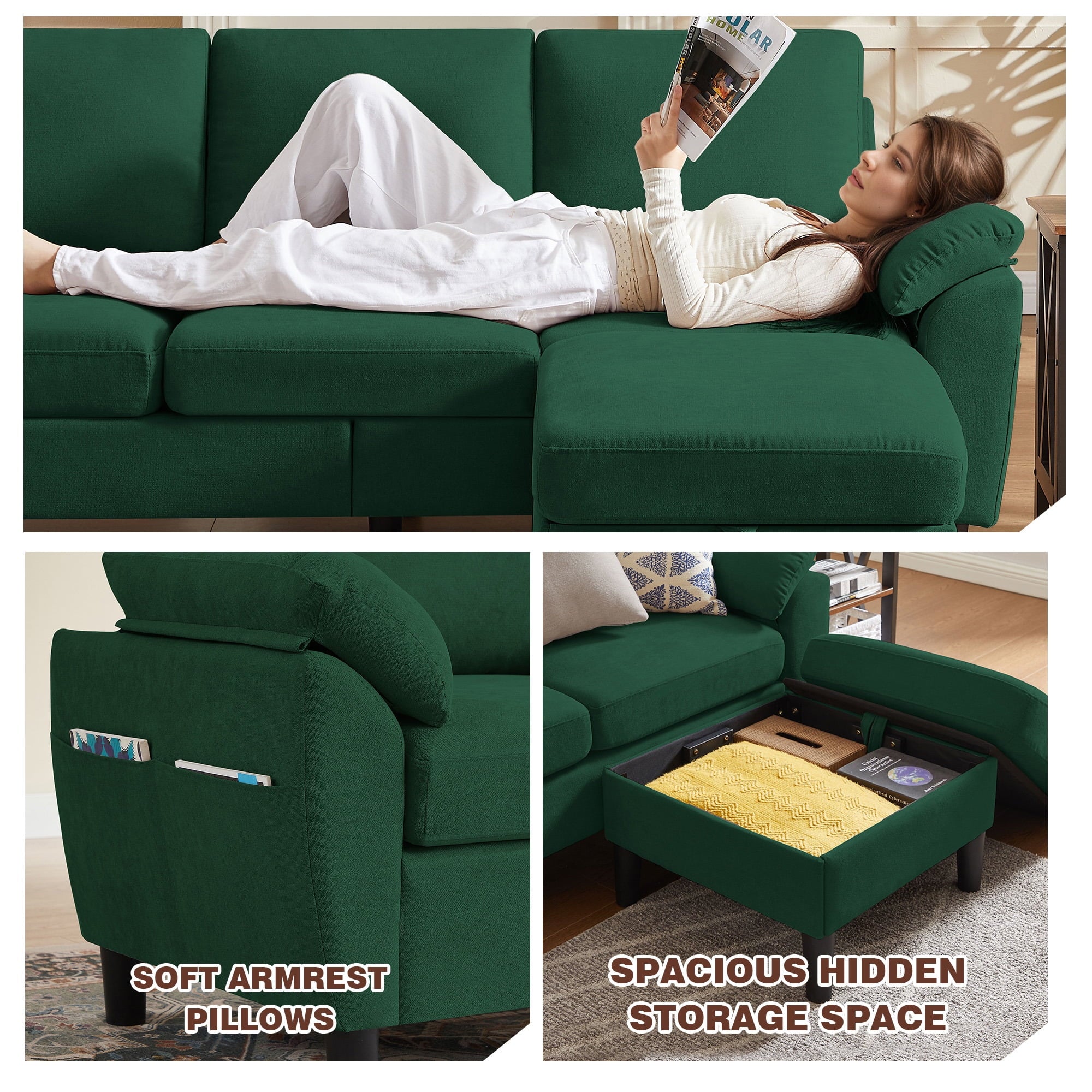 Soscana Living Room Furniture 2 Piece Set,Sectional Sofa Couch with Storage Ottoman and Double Seater Loveseat,Green