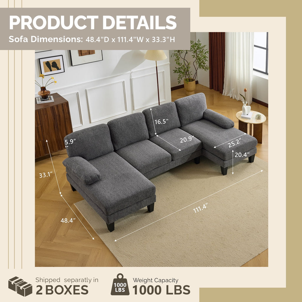Ktaxon Sectional Sofa Set, U-Shaped Blended Chenille Couch, 4 Seat Lounge Sleeper with Chaise for Living Room Home Furniture Dark Gray