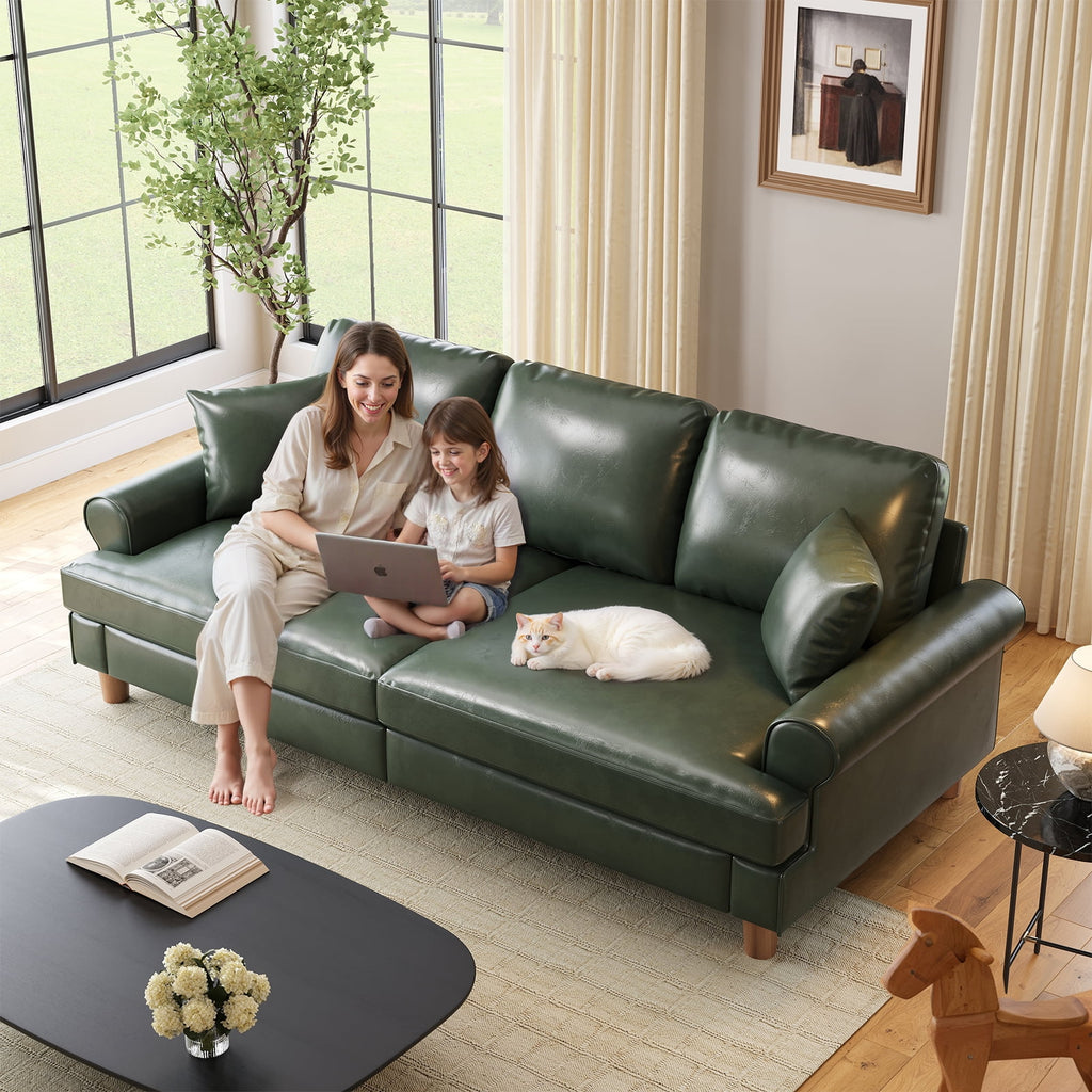 87" Couch Premium PU Leather Sofa, Comfy Extra Deep Seat 3 Seater Couch for Living Room, with 2 Pillows, Green