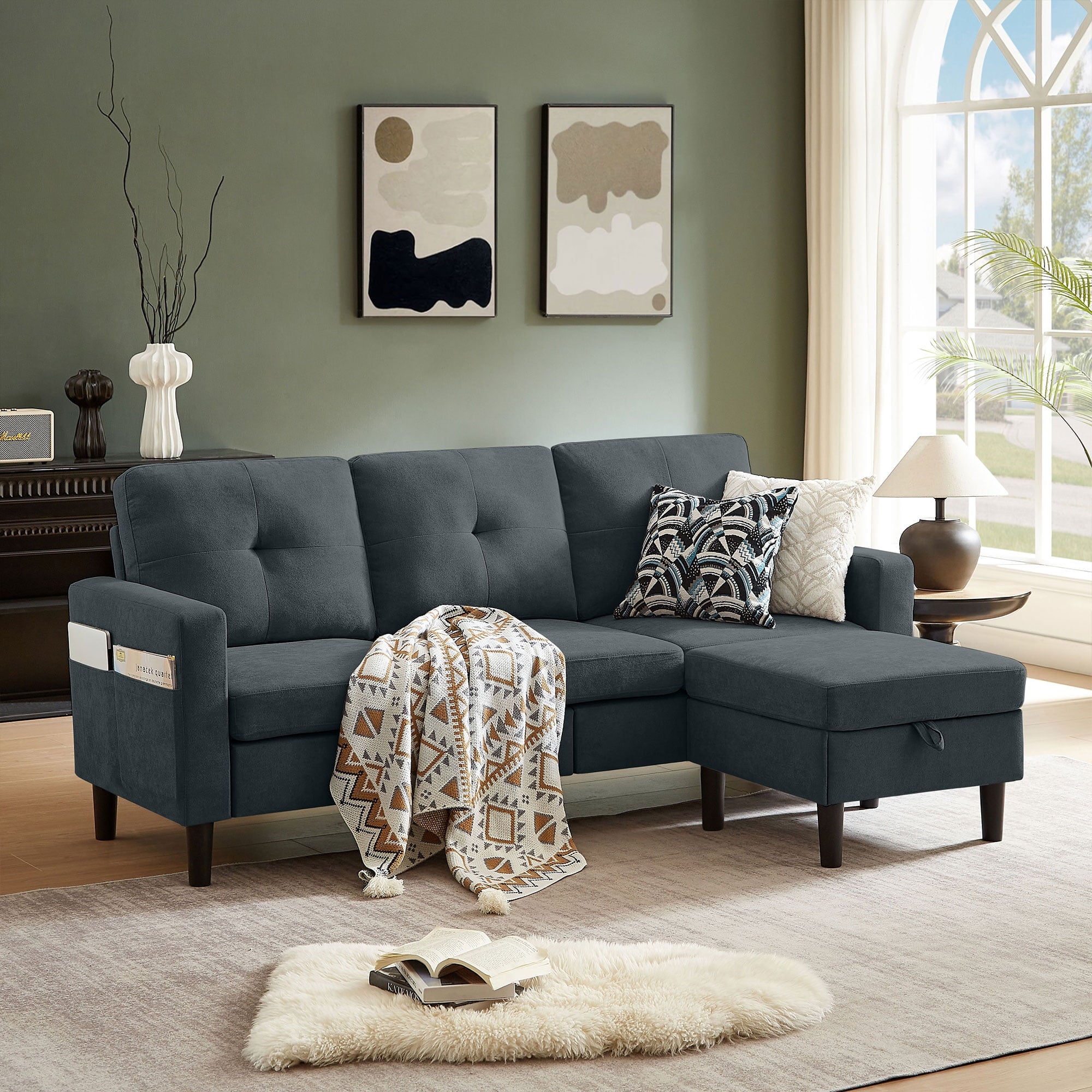 Pingliang Home Convertible Sectional Sofa with Footstool Living Room Sofa Couch with Storage Ottoman and Side Pockets,Modern 3 Seat L Shaped Couches