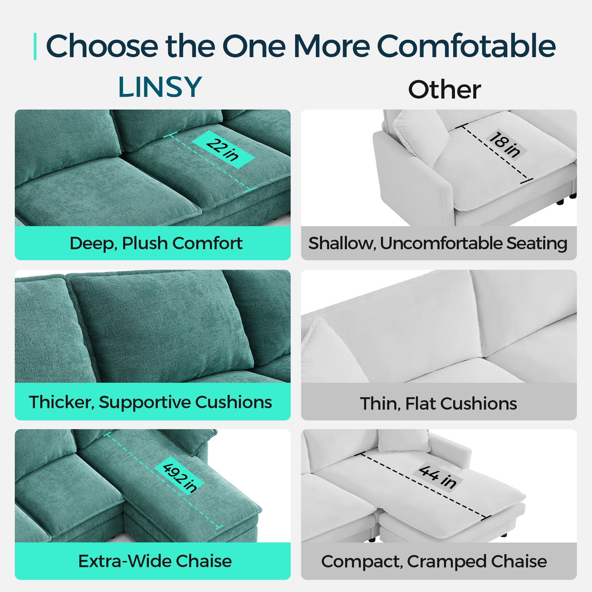 Linsy Home 113" Cloud Sectional Couches for Living Room, L-Shaped Sectional Sofa with Movable Ottoman, Green