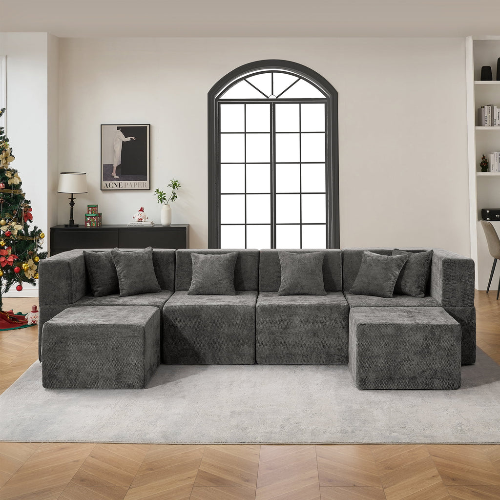 Behost 130" Oversized Modular Sectional Sofa for Living Room Furniture, Chenille Cloud Couch with Ottomans, Dark Gray