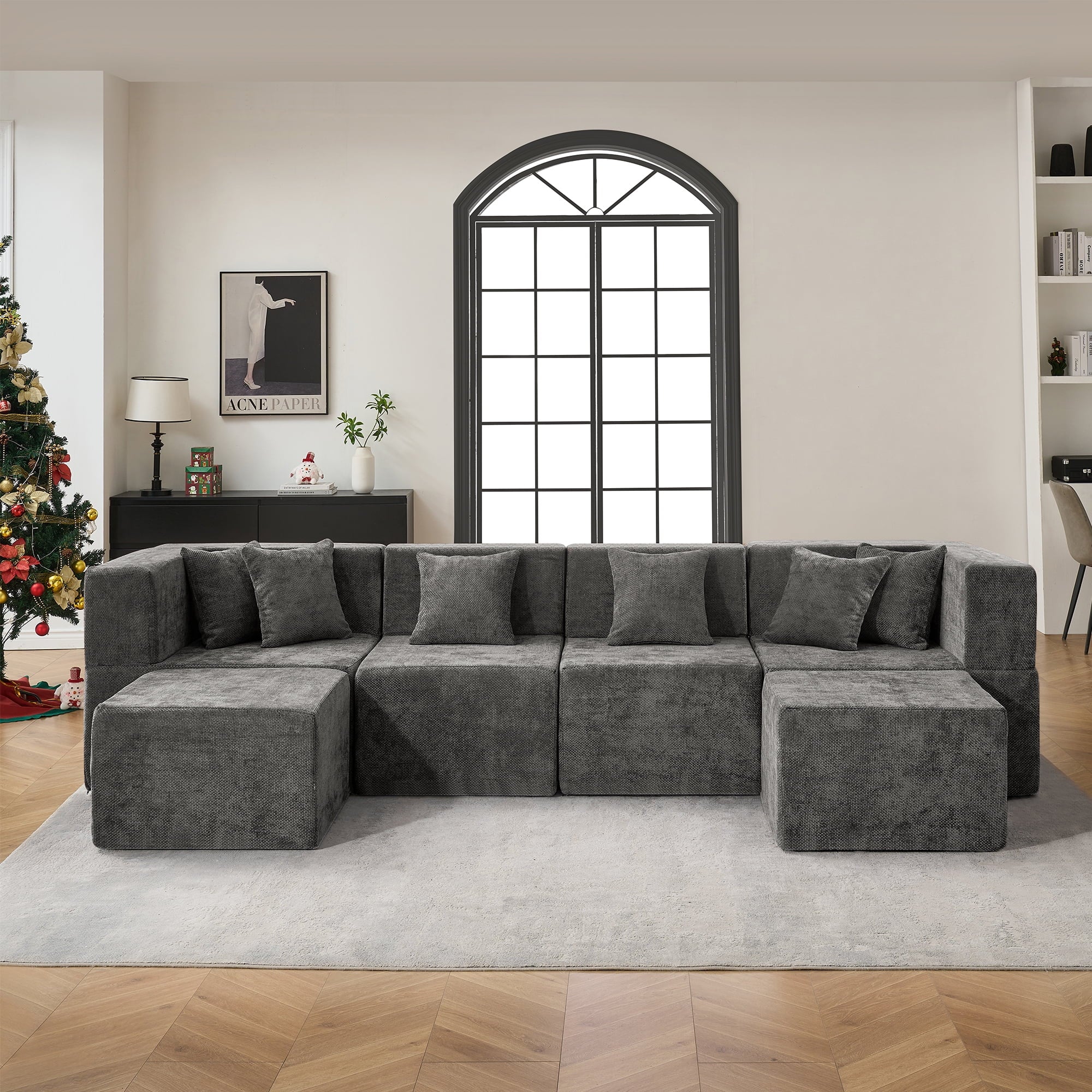 Behost 130" Oversized Modular Sectional Sofa for Living Room Furniture, Chenille Cloud Couch with Ottomans, Dark Gray