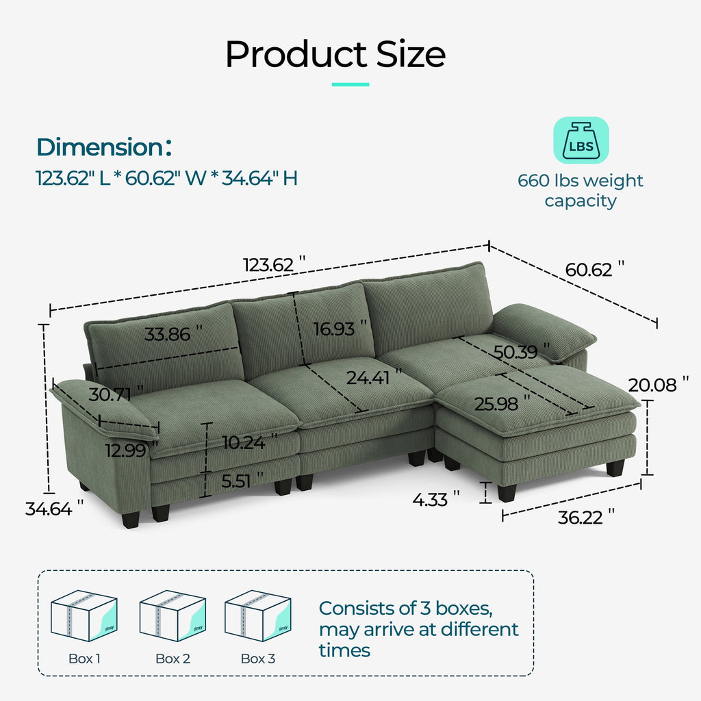 Linsy Home 123" Cloud Modular Sectional Sofa for Living Room, L-Shaped Cloud Sofa Couch with Corduroy Fabric, 3 Seat Oversized Couch with Movable Ottoman, Green