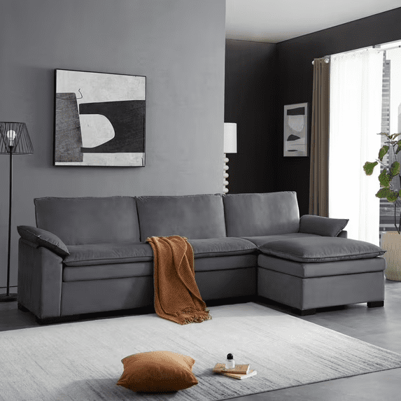 Gewnee 117.7" L - Shaped Velvet Modular Ultra Deep Seat Sectional Sofa, Super Comfy 3 -Seater with 1 Ottomans for Living Room