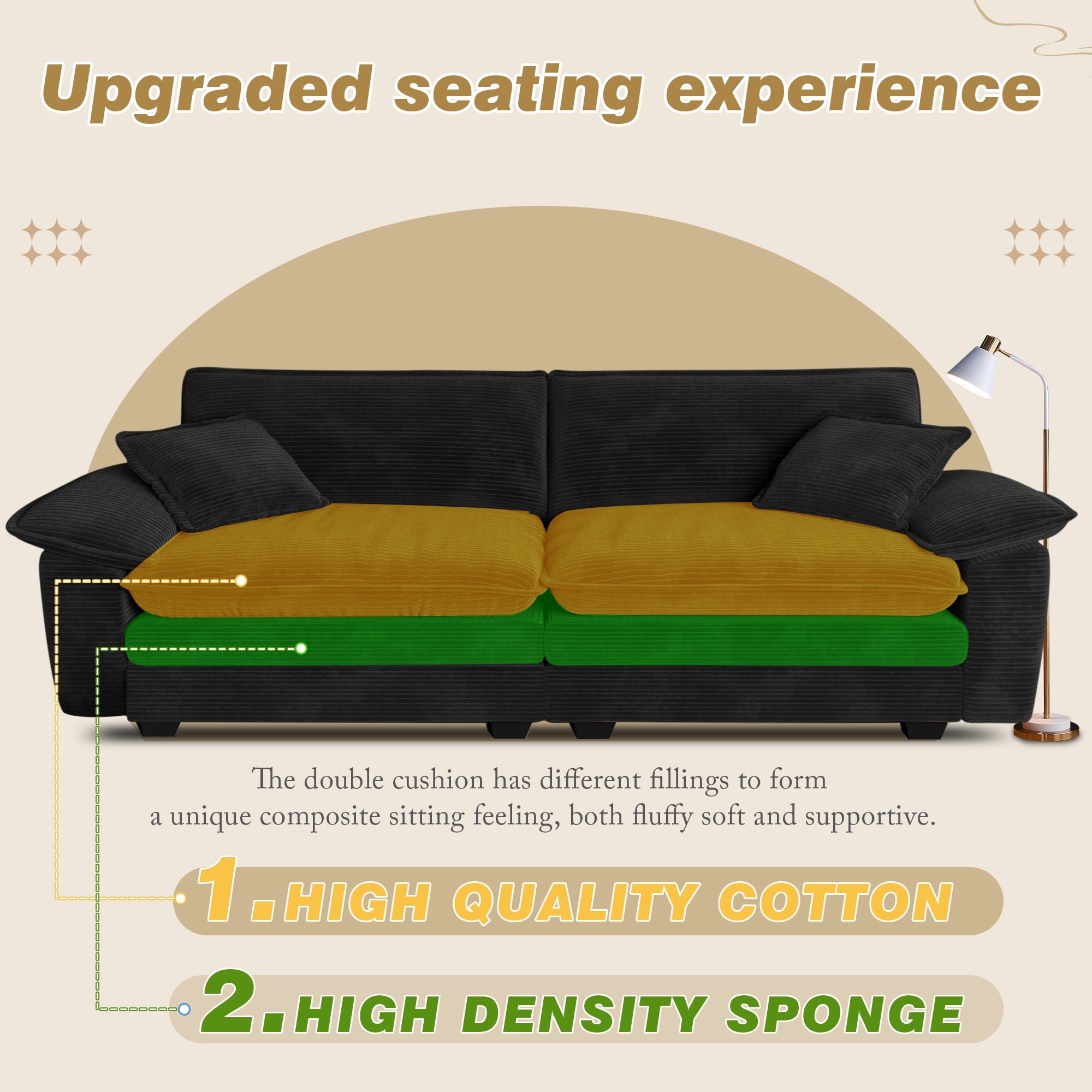 Muumblus 80.5" Corduroy Loveseat Sofa, Oversized Upholstered 2-Seater Plush Cloud Couch for Living Room/Apt, Black