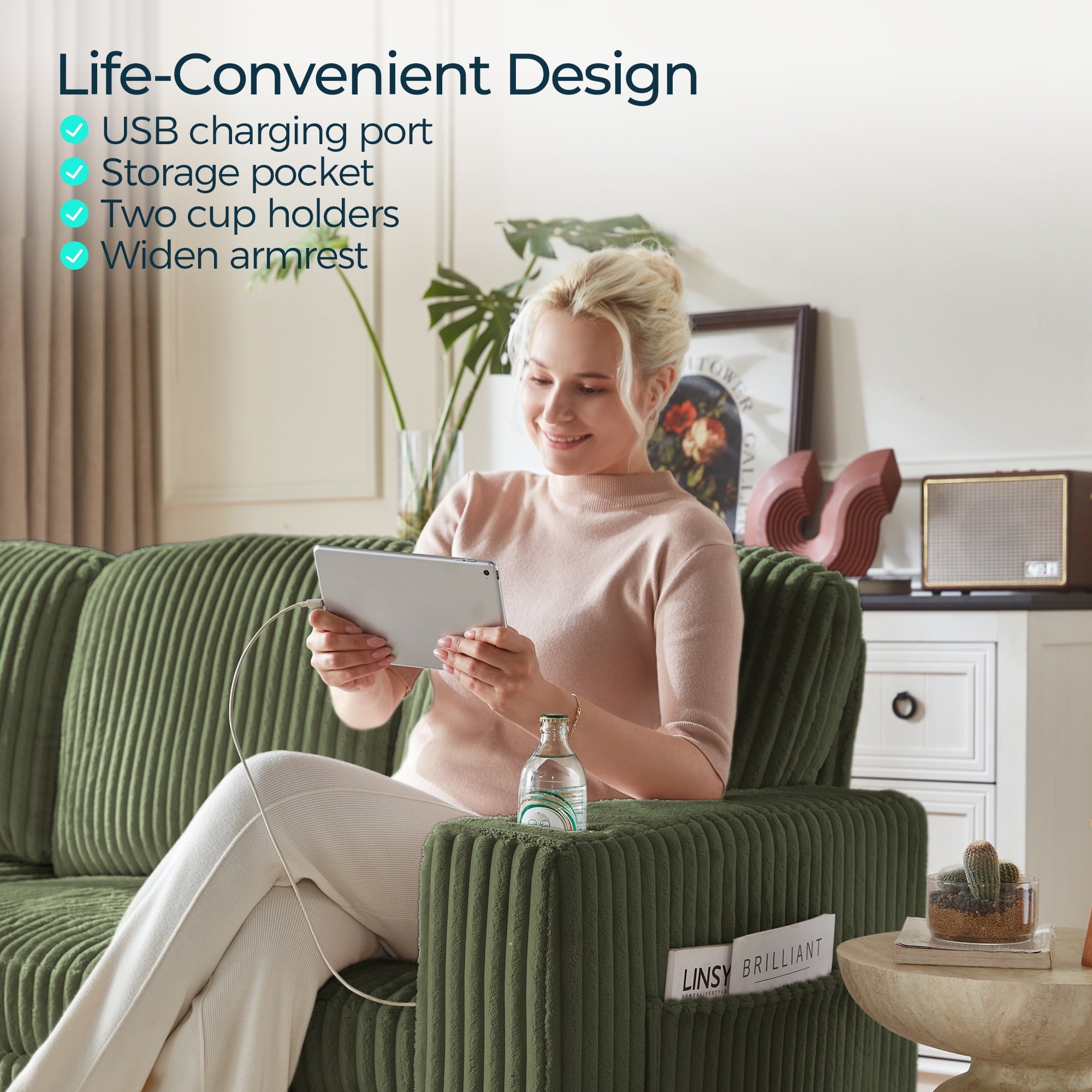 Linsy Home Plush Corduroy Sleeper Sofa Bed with Storage Seat, Pull Out Couch Bed with USB, Cup Holder, Side Pocket, V Shaped Sectional Couches for Living Room, Apartment, Green