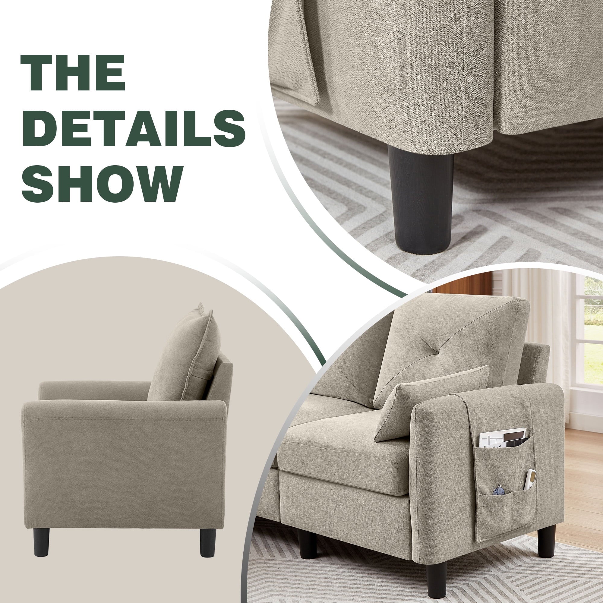 Pingliang Home Sofa Set, Convertible Sectional Sofa & Accent Chair,3 Seat L-Shaped Couch with Reversible Storage Ottoman&Side Pocket, Furniture Set for Living Room Office Apt