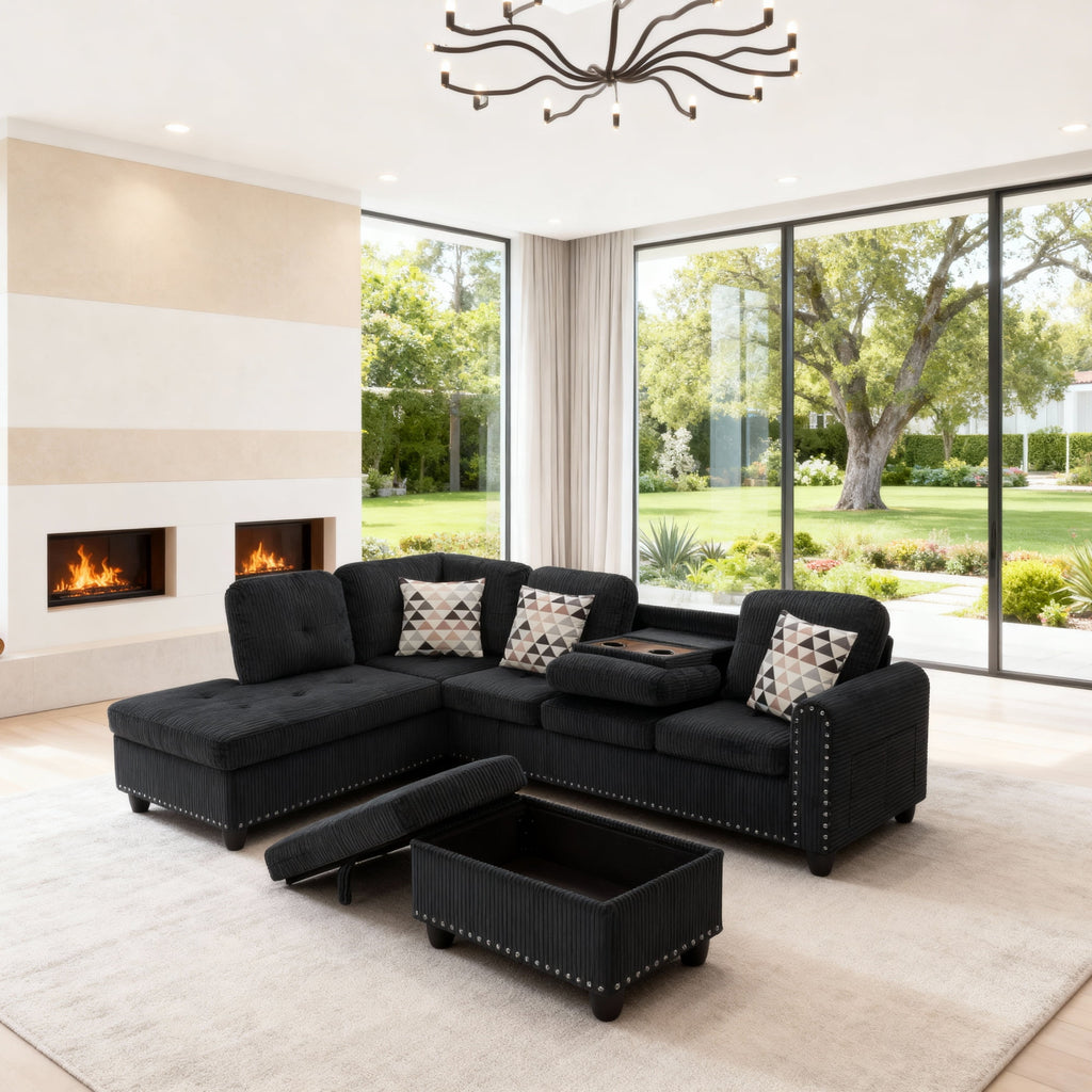 Gewnee 94.49" L-shaped Modular Fabric Sofa Set with Storage Ottoman and Cup Holders & throw pillows.Suitable for Living Rooms,Offices and Reception Rooms.Black