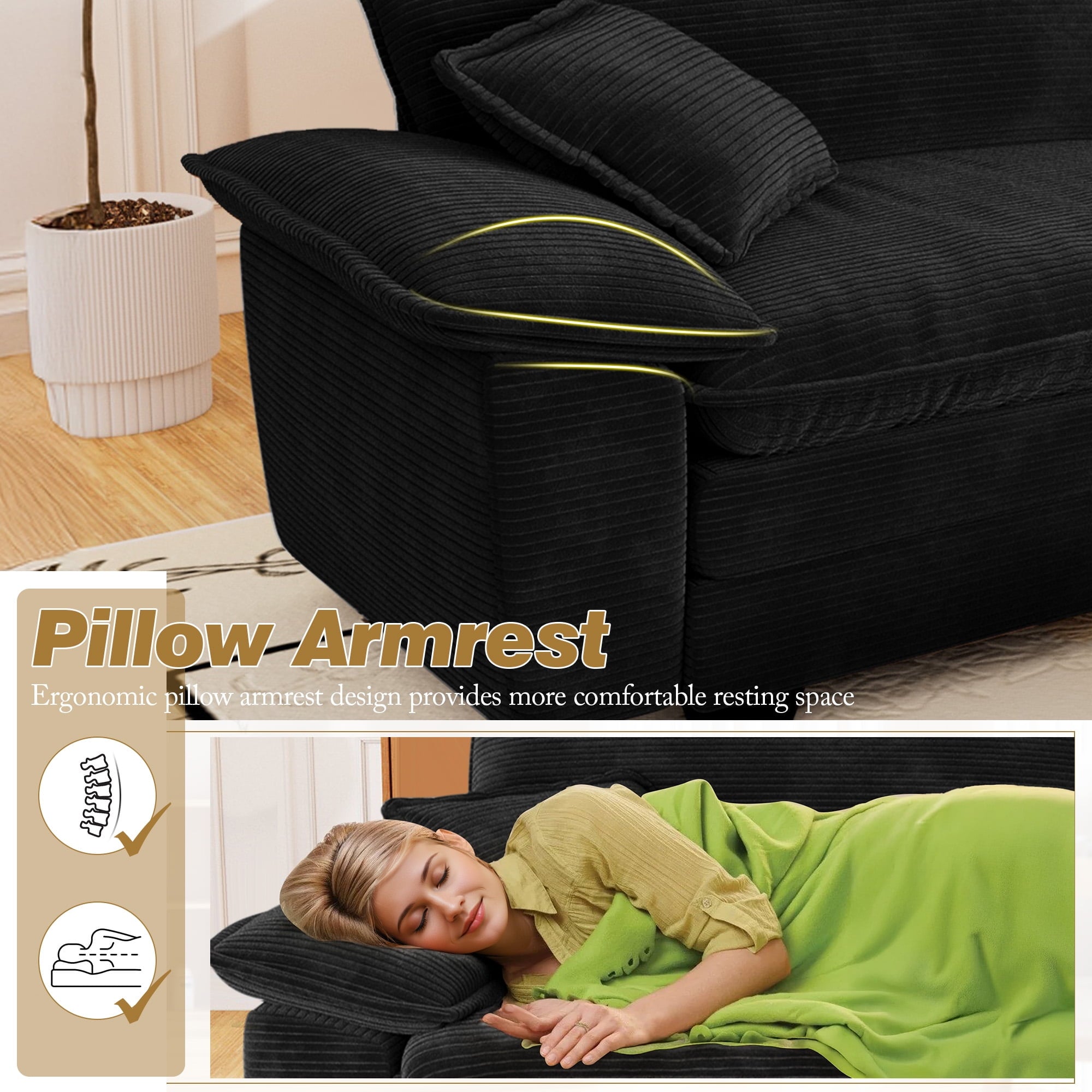 Muumblus 80.5" Corduroy Loveseat Sofa, Oversized Upholstered 2-Seater Plush Cloud Couch for Living Room/Apt, Black