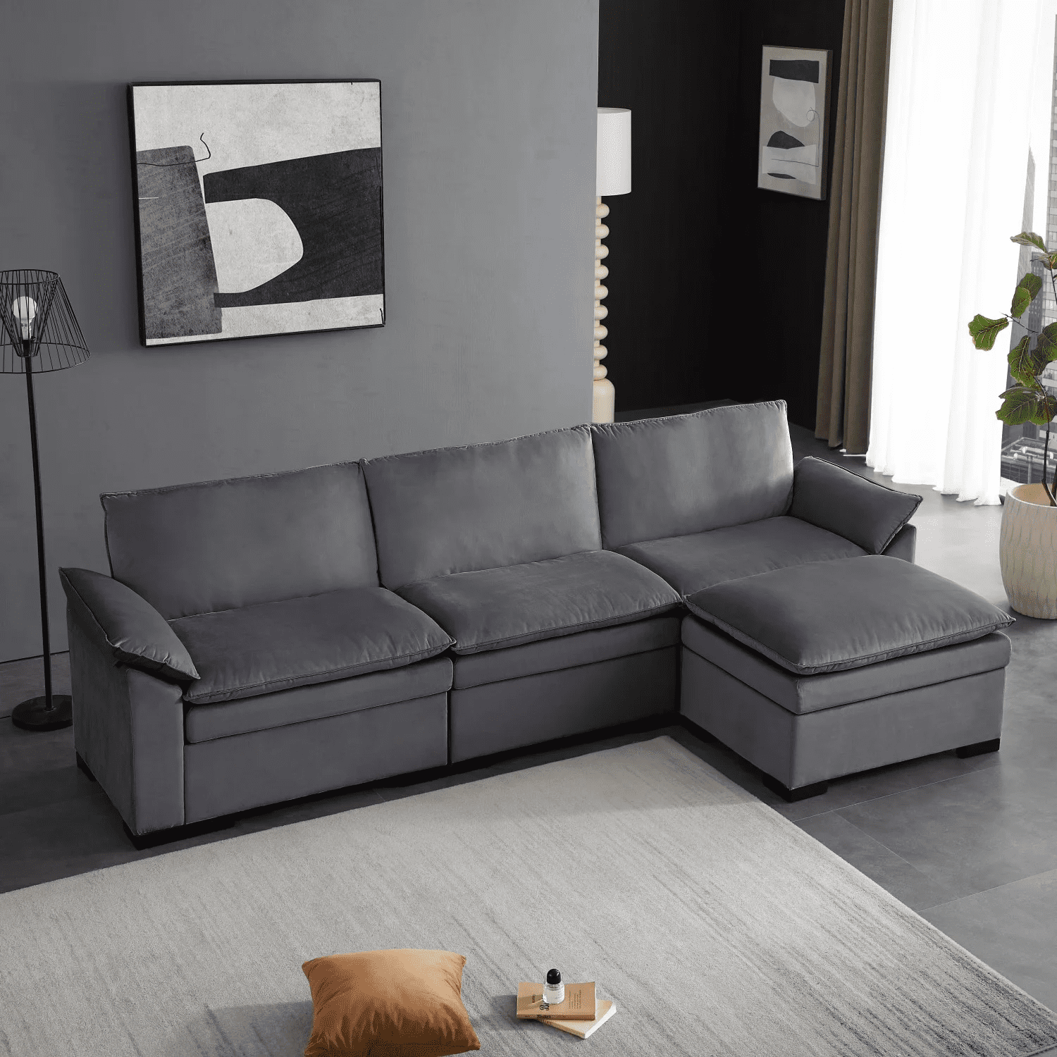 Gewnee 117.7" L - Shaped Velvet Modular Ultra Deep Seat Sectional Sofa, Super Comfy 3 -Seater with 1 Ottomans for Living Room