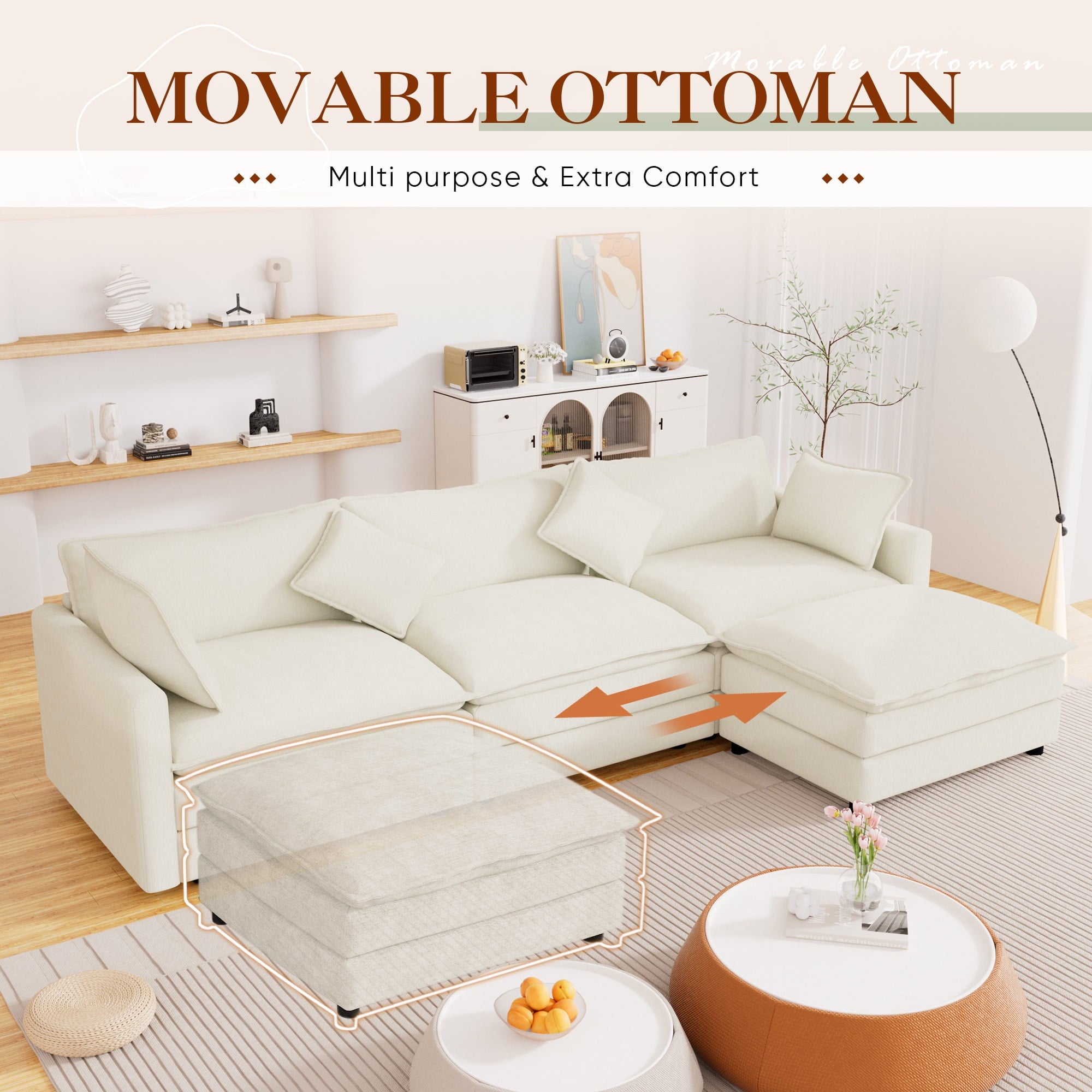 Muumblus Sectional Sofa Cloud Couch with Reversible Ottoman, L-Shaped Chenille Sofa for Living Rooms, Beige