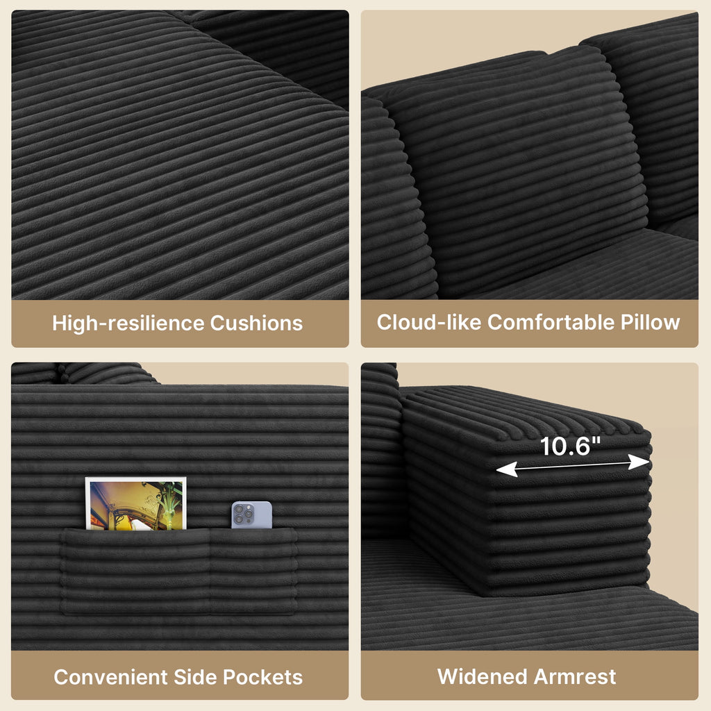 Lofka 105" Cloud L-Shaped Sectional Sofa and Couch with Movable Ottoman and Soft Seats for Living Room, No Assembly Required, Black (Plush Corduroy Fabric)
