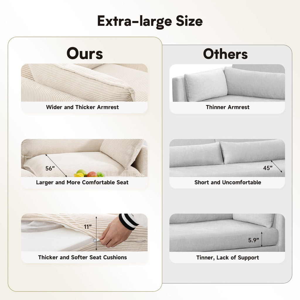 JUSTLET Sectional Sofa with Ottoman, L Shaped Corduroy Cloud Couch with Chaise, Modular Sectional Sofa Sleeper Furniture Set for Living Room, Beige