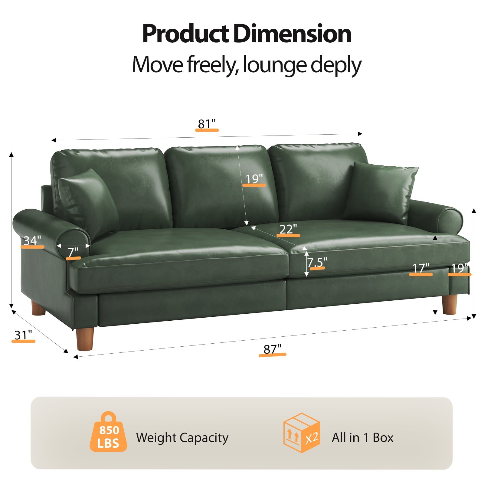 87" Couch Premium PU Leather Sofa, Comfy Extra Deep Seat 3 Seater Couch for Living Room, with 2 Pillows, Green