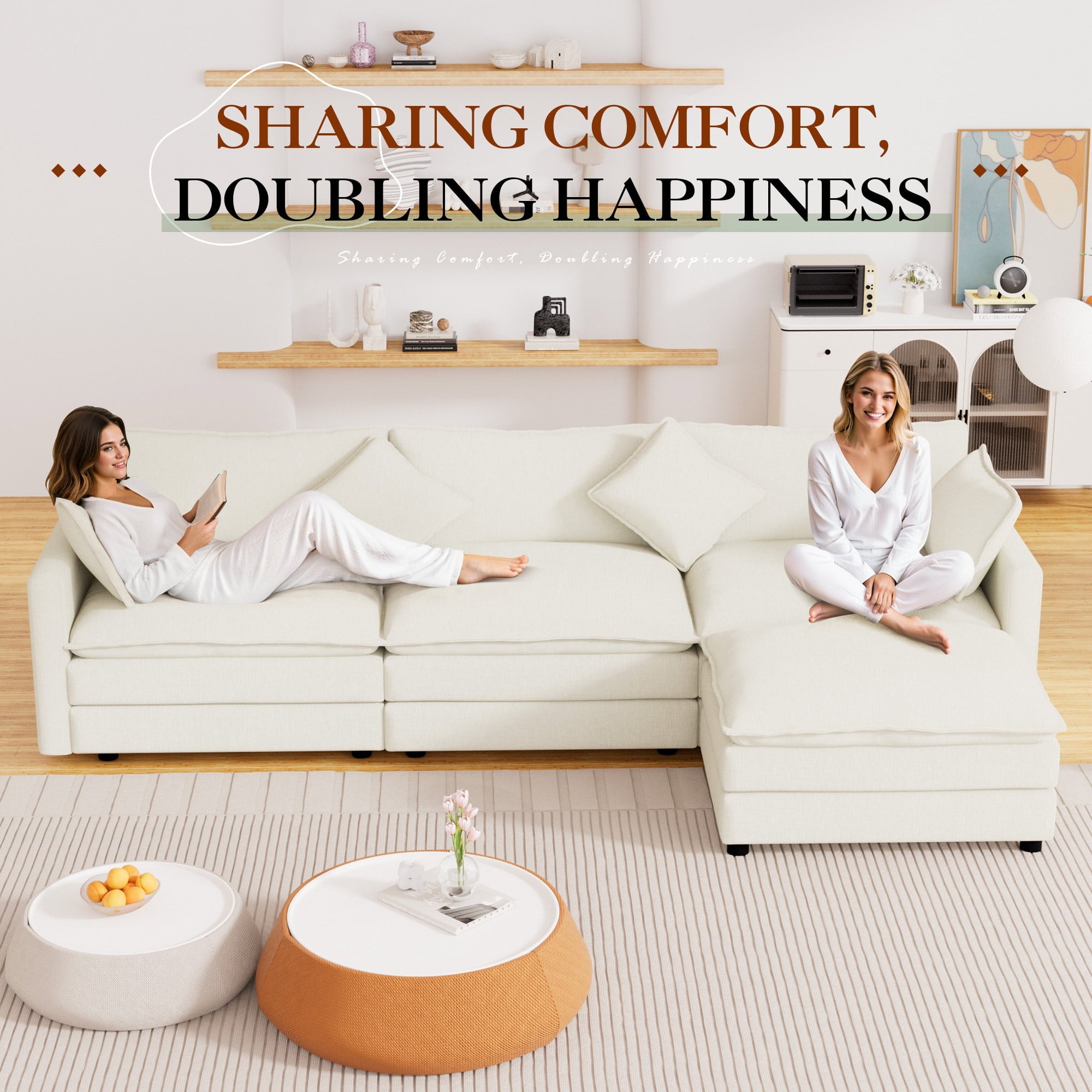 Muumblus Sectional Sofa Cloud Couch with Reversible Ottoman, L-Shaped Chenille Sofa for Living Rooms, Beige