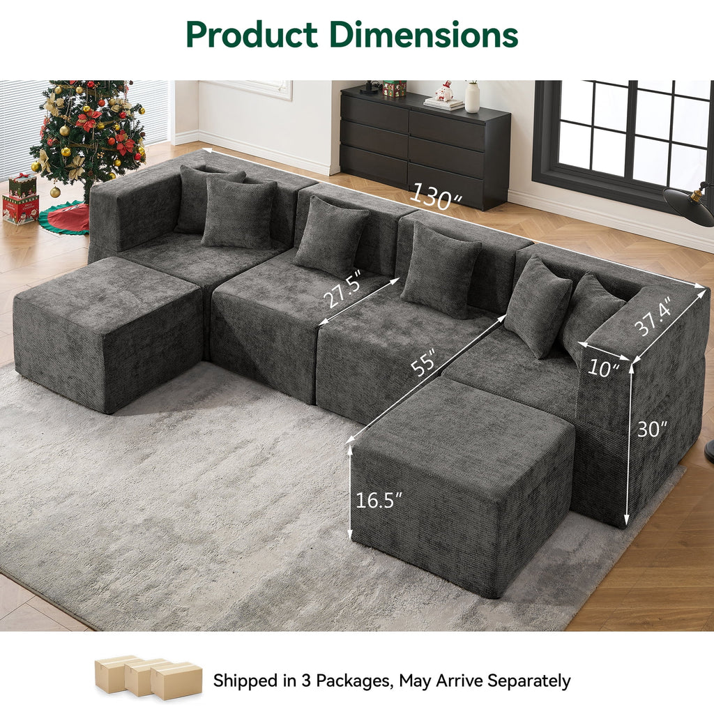 Behost 130" Oversized Modular Sectional Sofa for Living Room Furniture, Chenille Cloud Couch with Ottomans, Dark Gray
