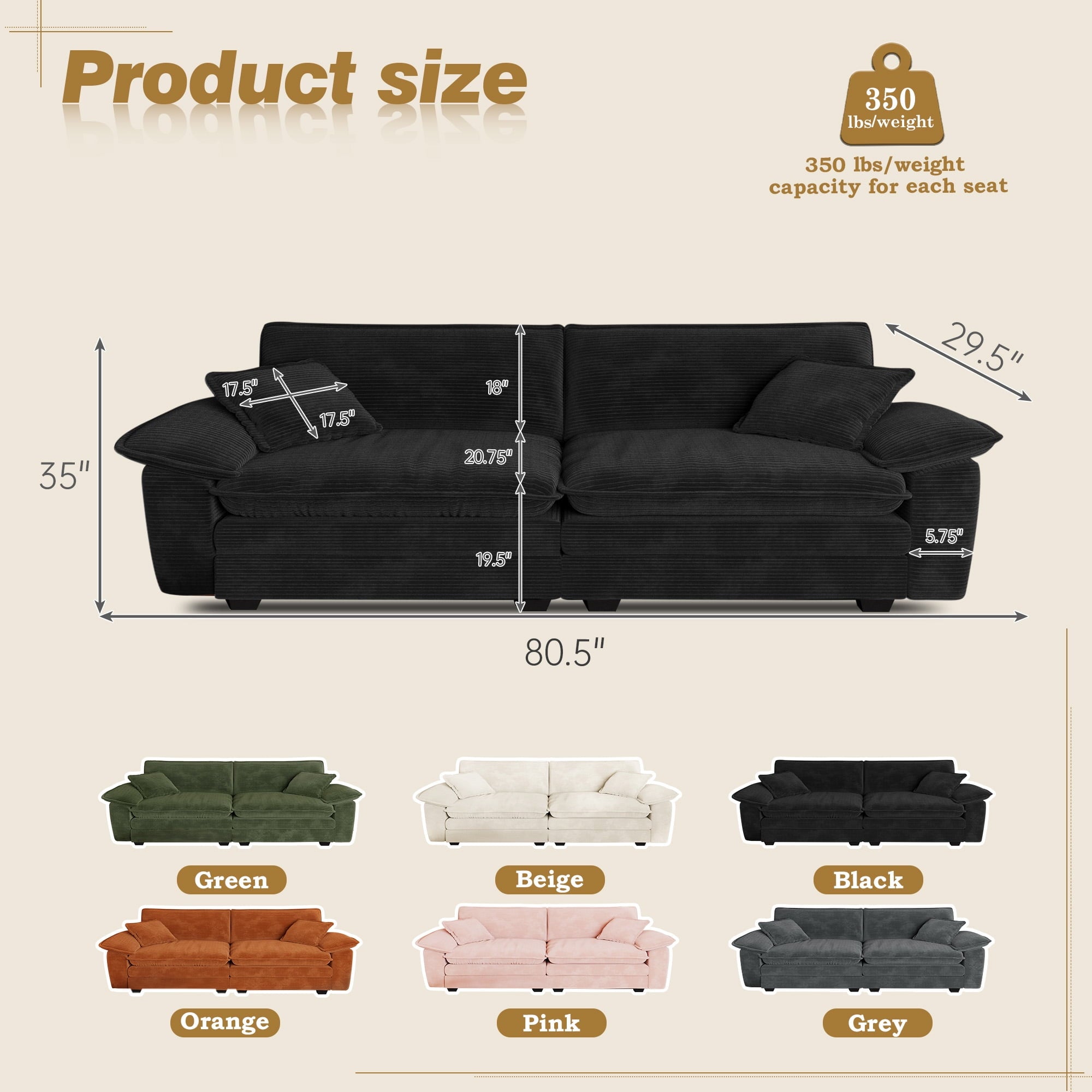 Muumblus 80.5" Corduroy Loveseat Sofa, Oversized Upholstered 2-Seater Plush Cloud Couch for Living Room/Apt, Black