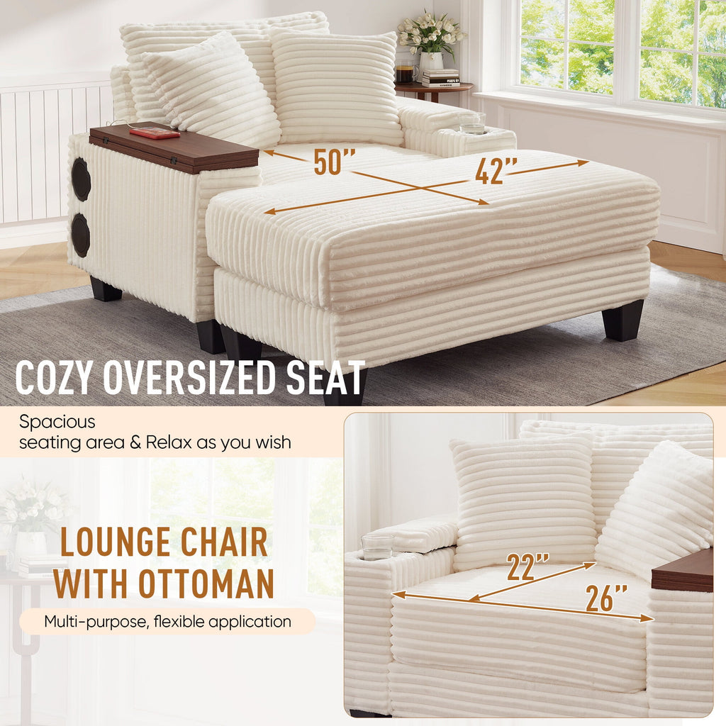 Muumblus Oversized Living Room Chair with Bluetooth Speaker, Ottoman, Rotating Table Board & USB, Cozy Indoor Lounge Reading Armchair, White Corduroy