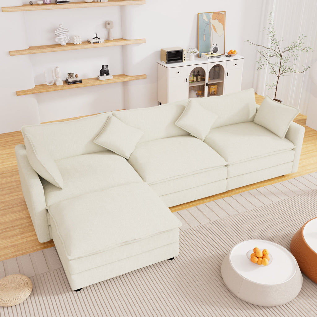 Muumblus Sectional Sofa Cloud Couch with Reversible Ottoman, L-Shaped Chenille Sofa for Living Rooms, Beige