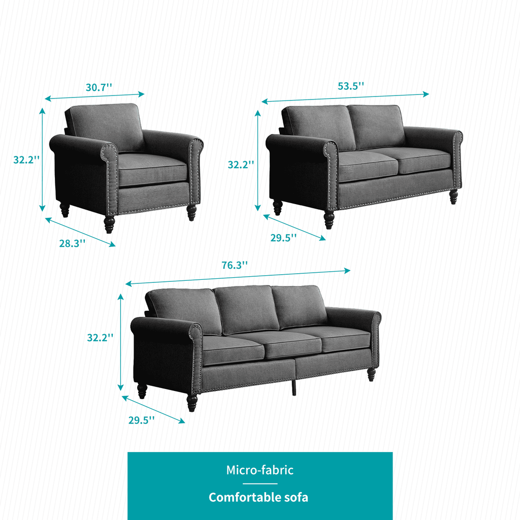 MUZZ Living Room Furniture Sets with 5.9"Upholstered Cushion, 3-Seater Sofa Couch, Loveseat and Single Sofa Chair, Sofa Set for Living Room(Dark Grey)