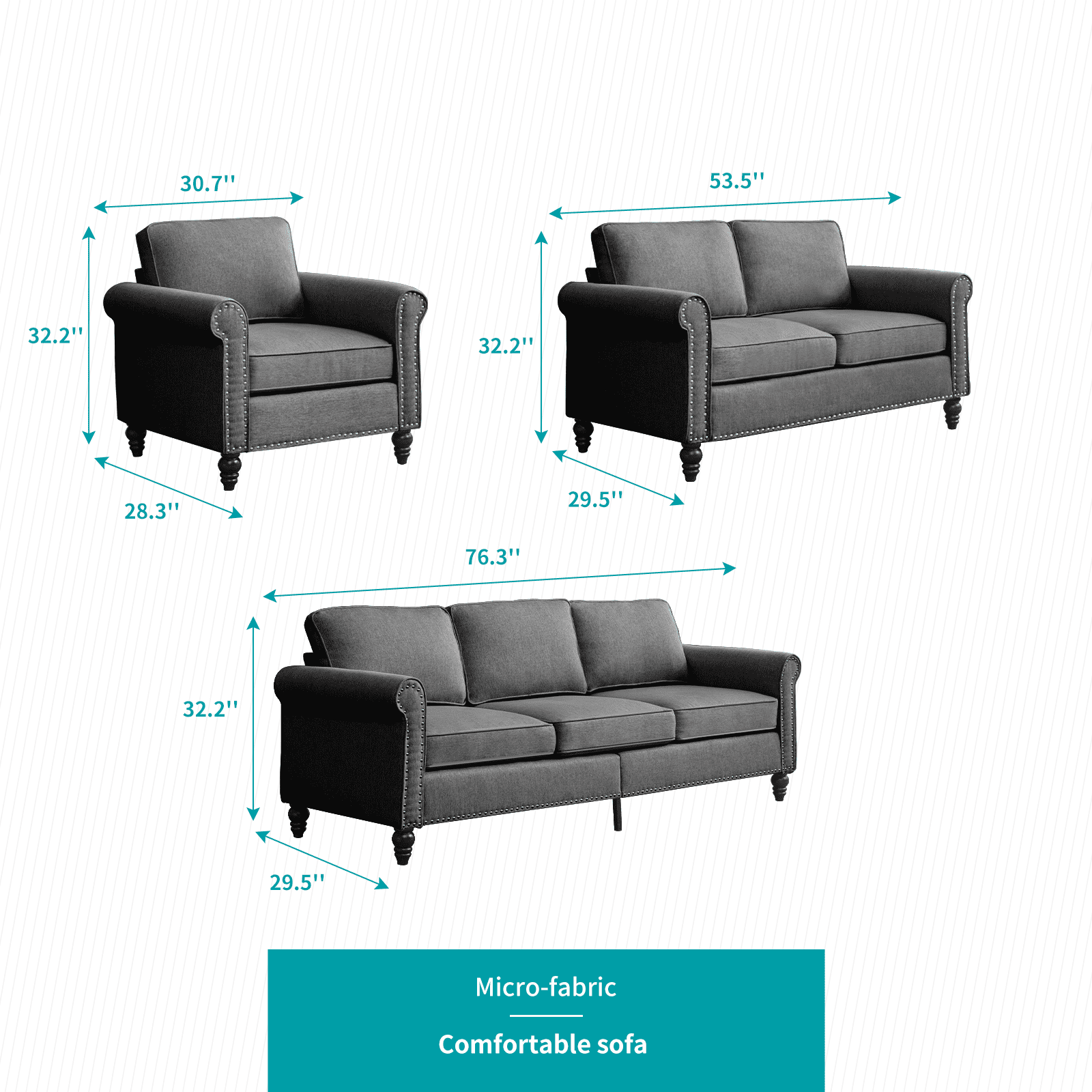MUZZ Living Room Furniture Sets with 5.9"Upholstered Cushion, 3-Seater Sofa Couch, Loveseat and Single Sofa Chair, Sofa Set for Living Room(Dark Grey)