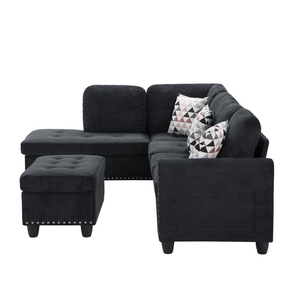 Gewnee 94.49" L-shaped Modular Fabric Sofa Set with Storage Ottoman and Cup Holders & throw pillows.Suitable for Living Rooms,Offices and Reception Rooms.Black