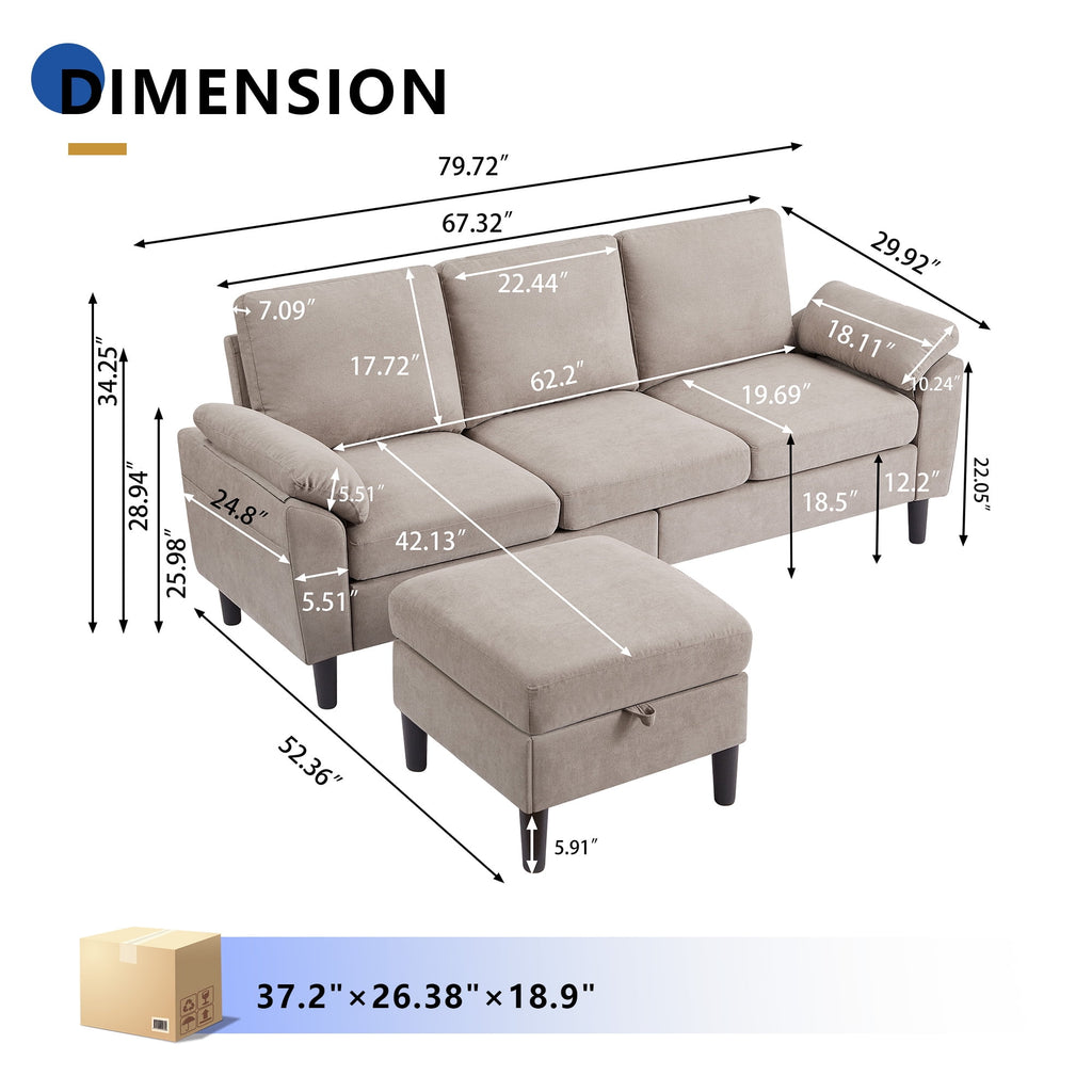 Jarenie 80" Convertible Sectional Sofa, Small L Shaped 3 Seat Couch with Reversible Storage Chaise, Modern Polyester Fabric Sofa Couches for Living Room, Apartment and Small Space, Beige