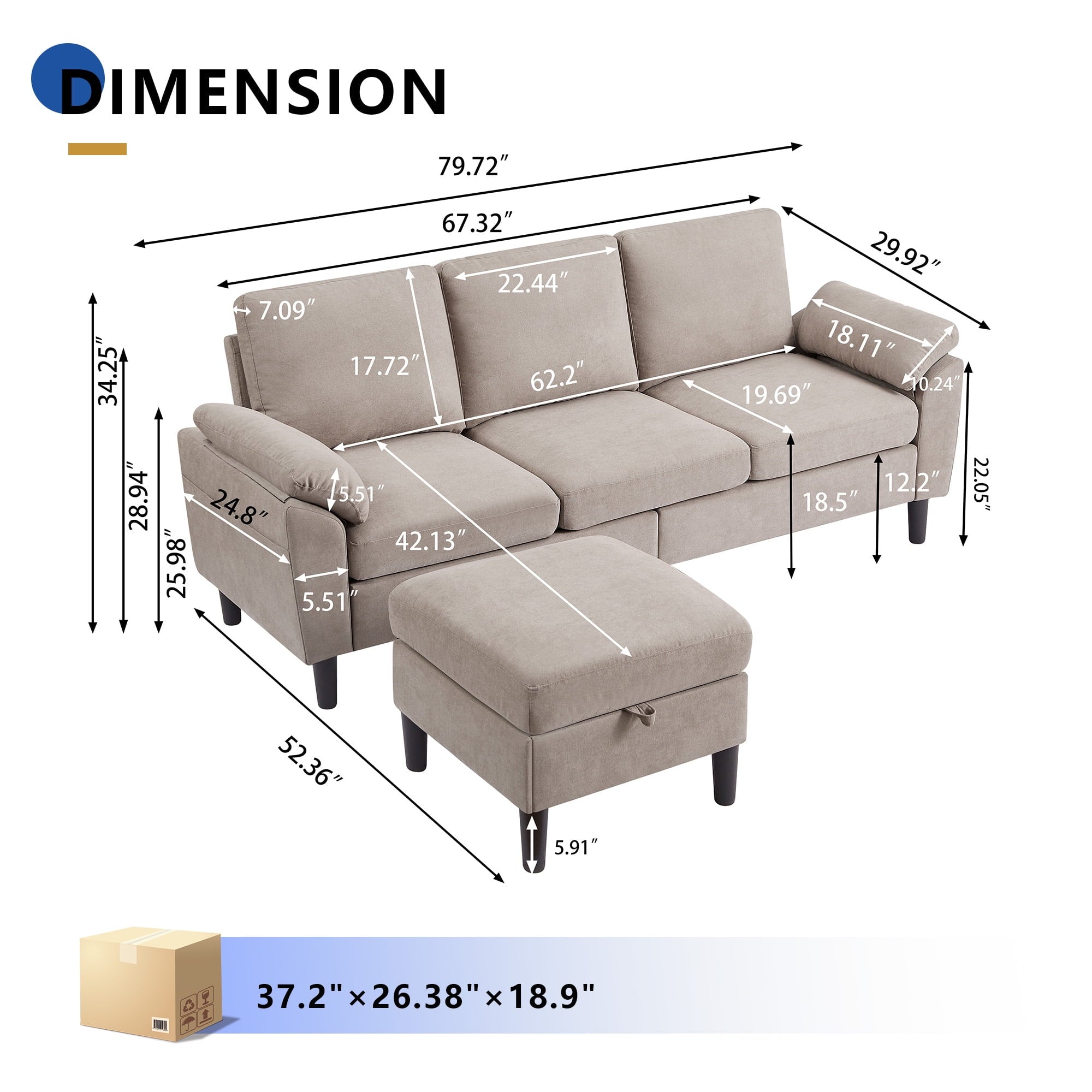 Jarenie 80" Convertible Sectional Sofa, Small L Shaped 3 Seat Couch with Reversible Storage Chaise, Modern Polyester Fabric Sofa Couches for Living Room, Apartment and Small Space, Beige